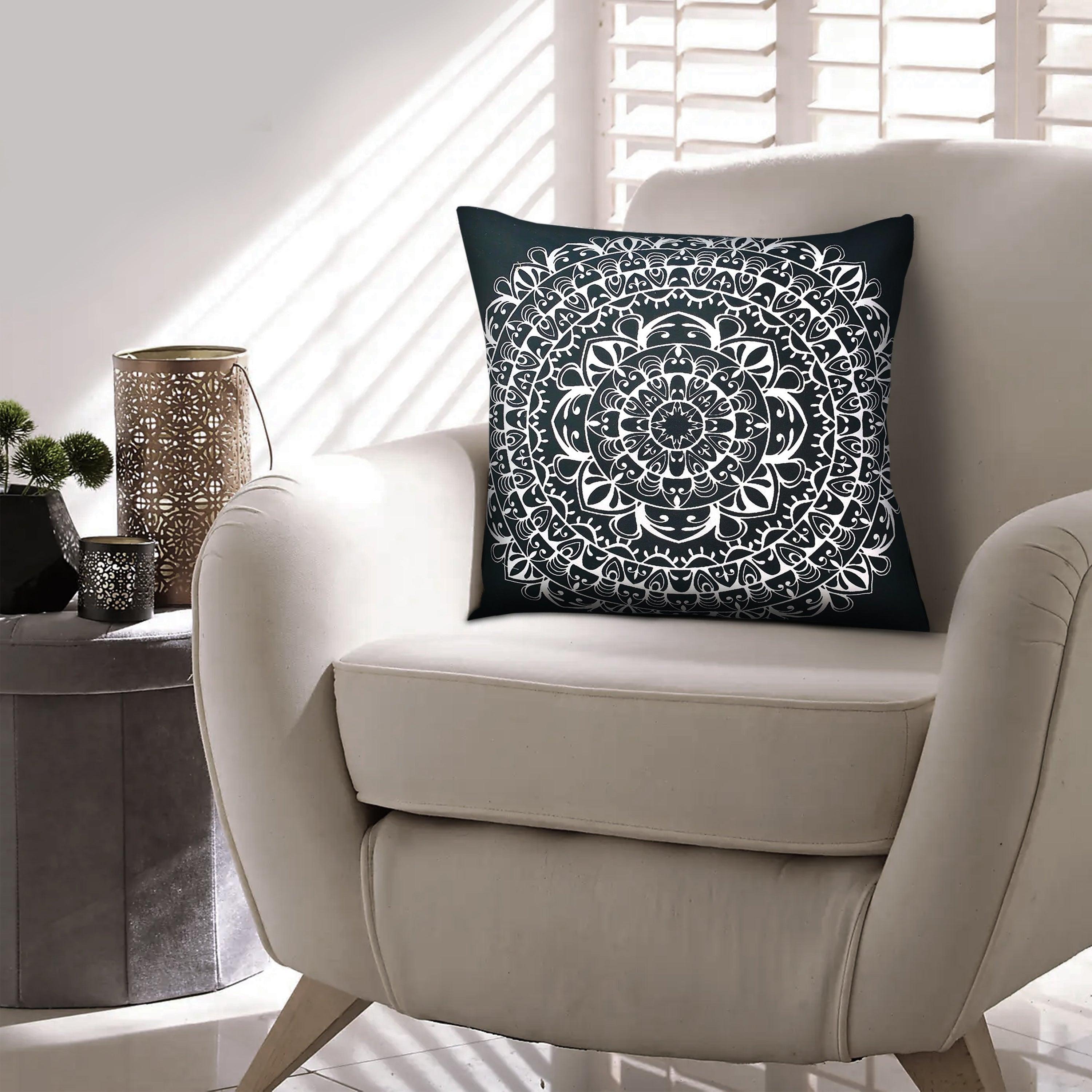 20 x 20Modern Square Cotton Accent Throw Pillow, Mandala Design Pattern, Black, White