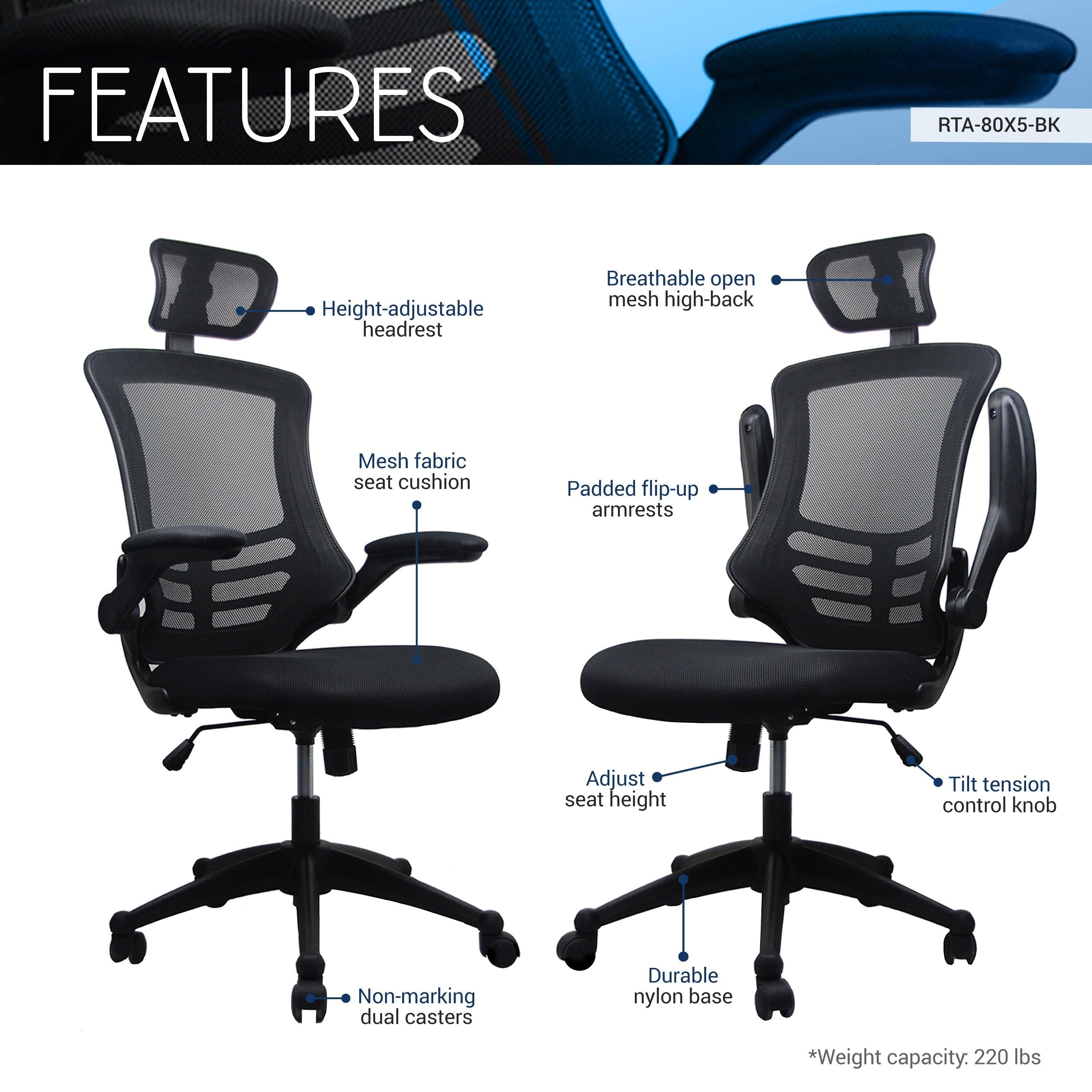 Techni MobiliModern High-Back Mesh Executive Office Chair with Headrest and Flip-Up Arms, Black