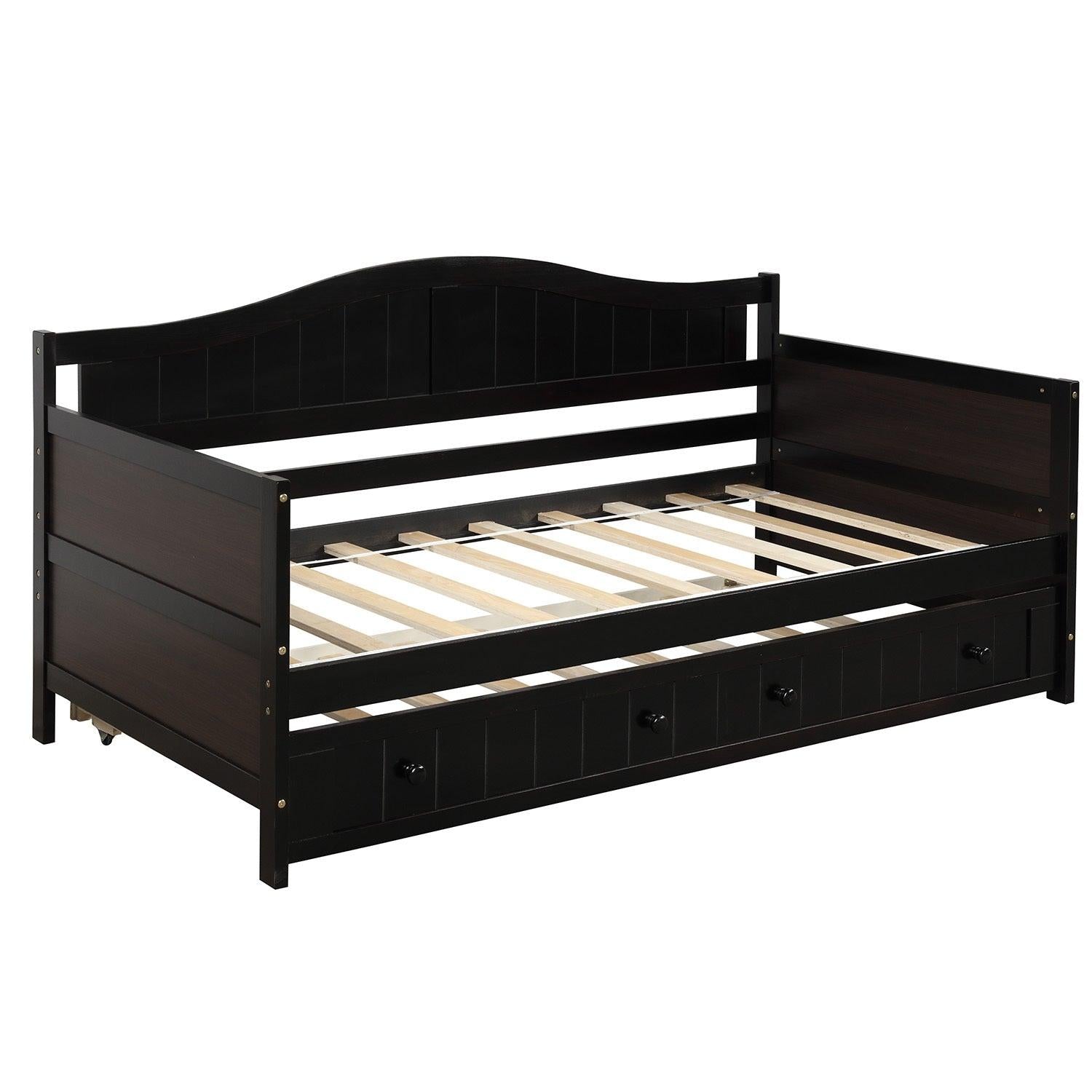 Twin Wooden Daybed with Trundle Bed, Sofa Bed for Bedroom Living Room, Espresso