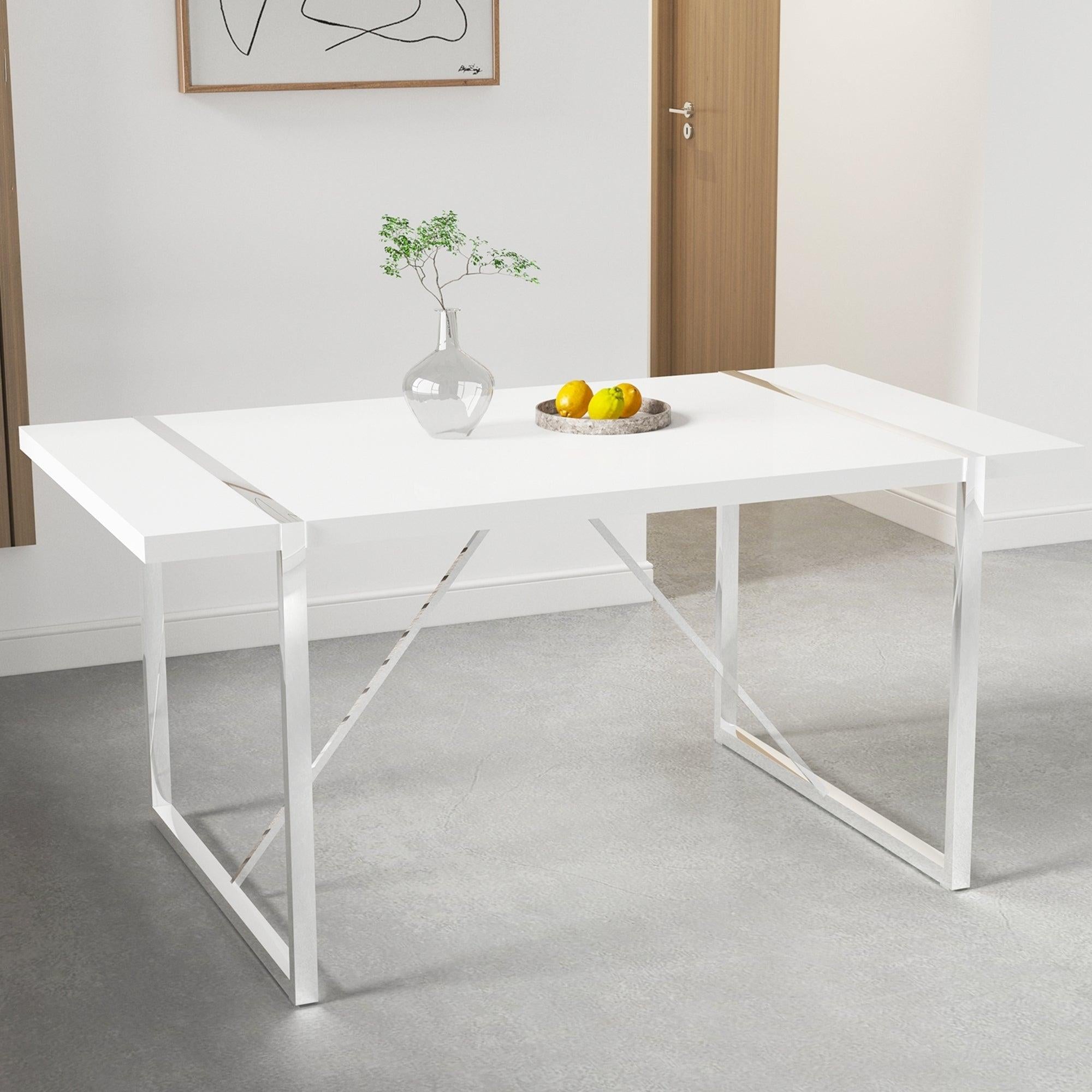 Dining Table.Rustic Industrial Rectangular MDF Wood White Dining Table For 4-6 Person, With 1.6" Thick Engineered Wood Tabletop and plating Metal Legs, For writing DeskKitchen terrace Dining  Room image