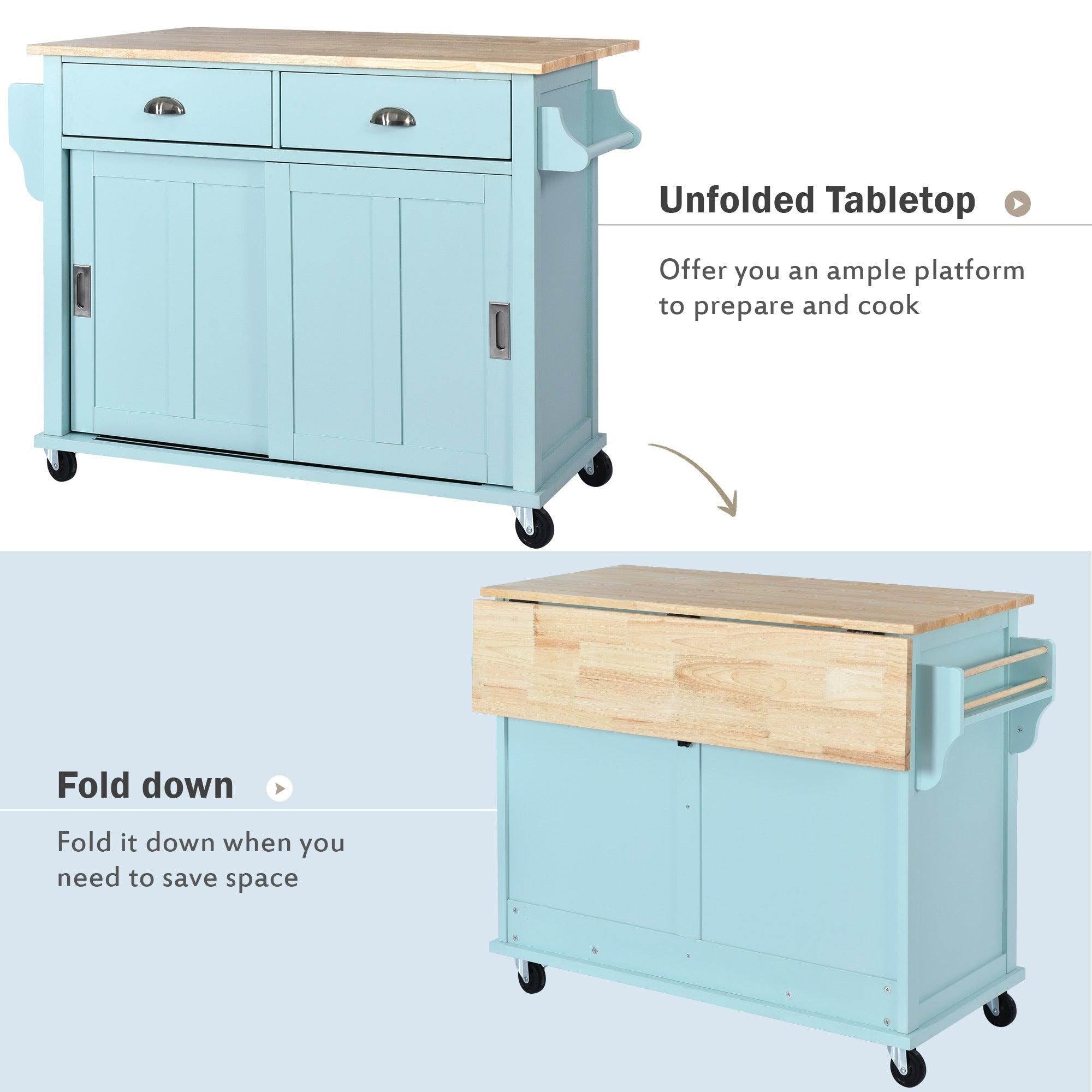 Kitchen Cart with Rubber wood Drop-Leaf Countertop, Concealed sliding barn door adjustable height,Kitchen Island on 4 Wheels withStorage Cabinet and 2 Drawers,L52.2xW30.5xH36.6 inch, Mint Green