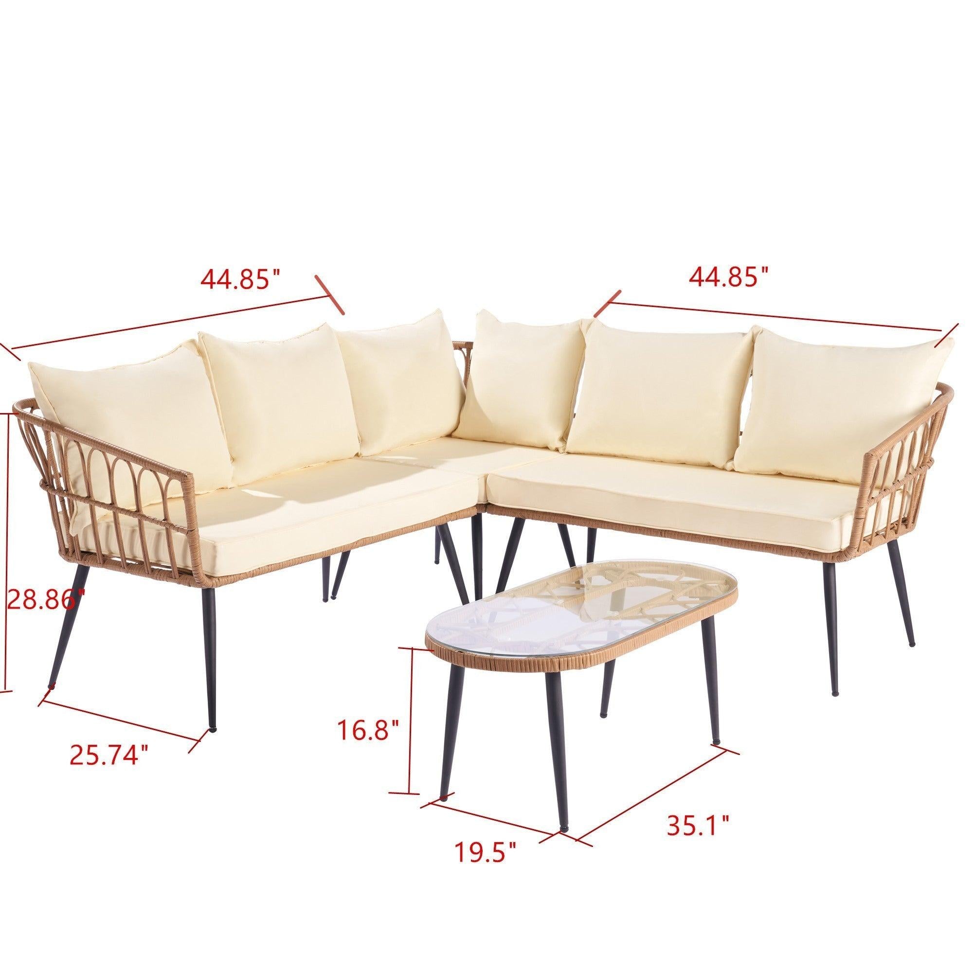 Outdoor Garden Rattan Furniture Sofa Set natural rattan color with beige cushion