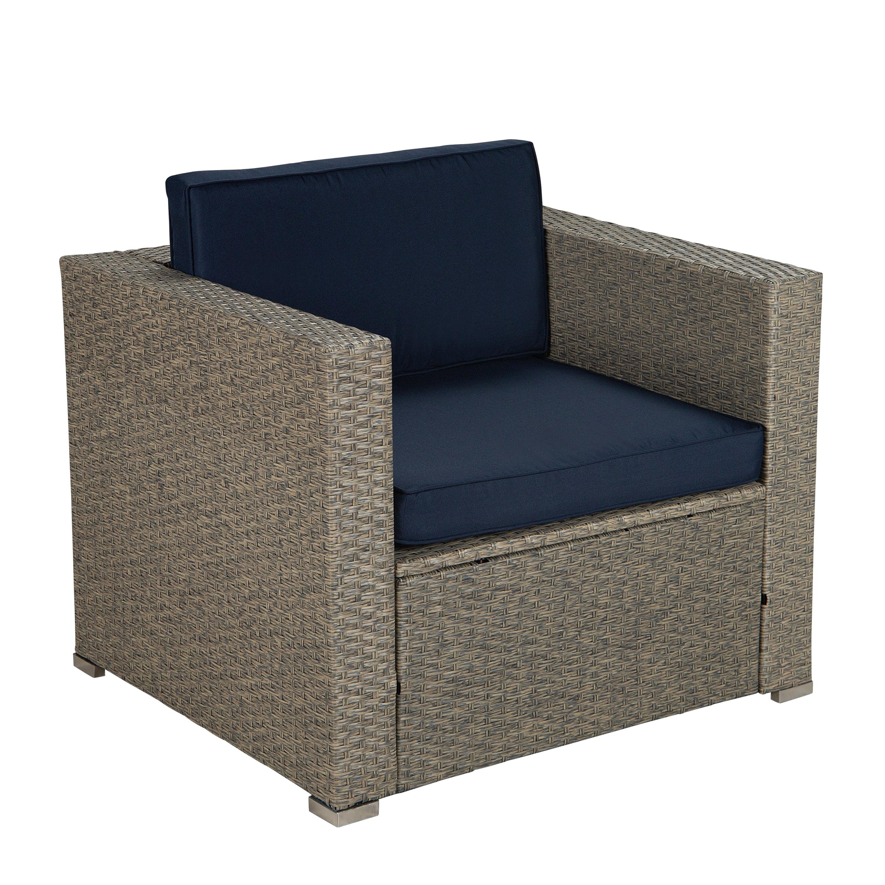 Outdoor Garden Patio Furniture 4-Piece Gray Mix Yellow PE Rattan Wicker Sectional Navy Cushioned Sofa Sets with One Beige Pillow