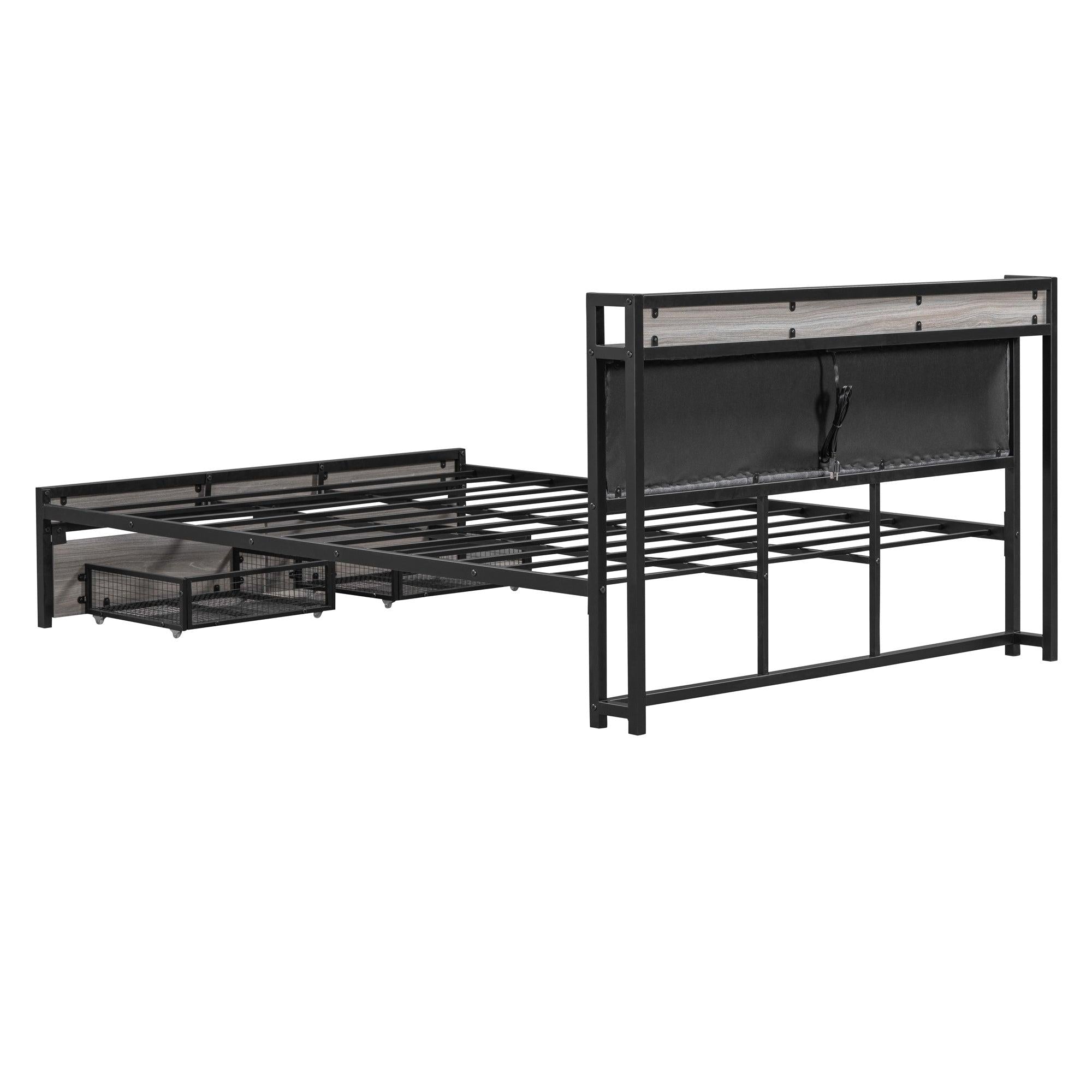 Queen Size Metal Platform Bed Frame with 2 drawers, Upholstered headboard ，Sockets, USB Ports and Slat Support ,No Box Spring Needed，Black