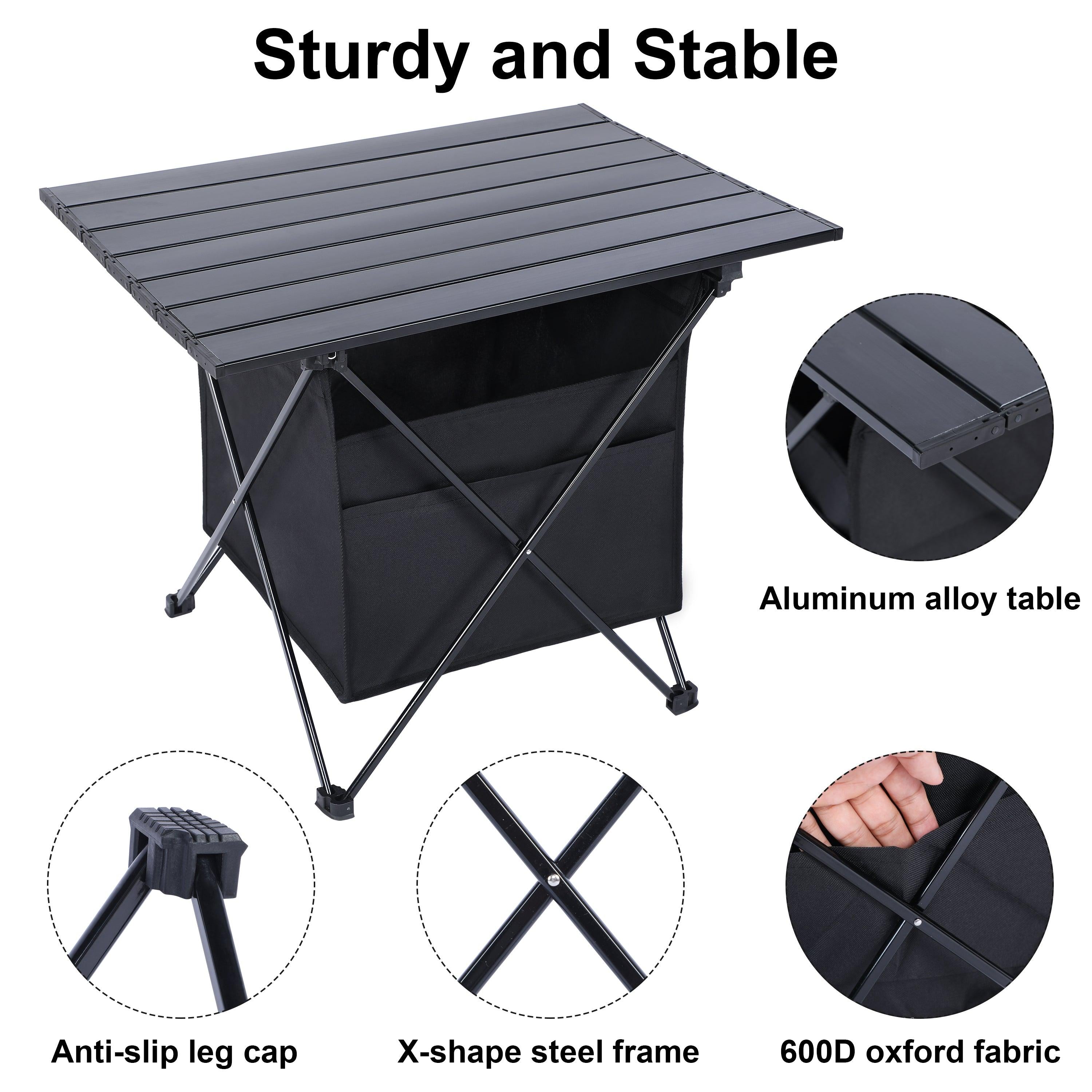 Portable Folding Aluminum Alloy Table with High-CapacityStorage and Carry Bag for Camping, Traveling, Hiking, Fishing, Beach, BBQ, Medium, Black