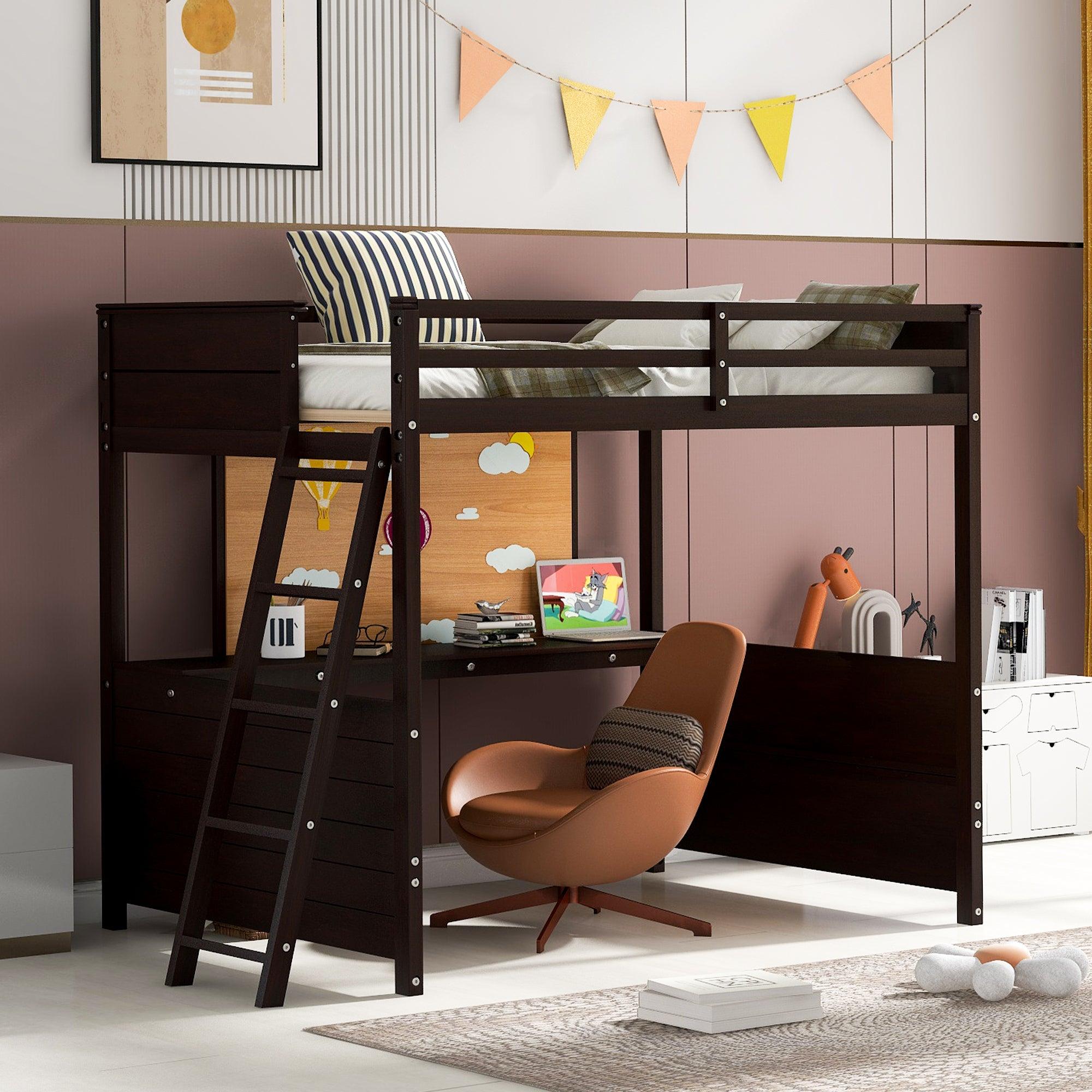 Full size Loft Bed with Desk and Writing Board, Wooden Loft Bed with Desk - Espresso image