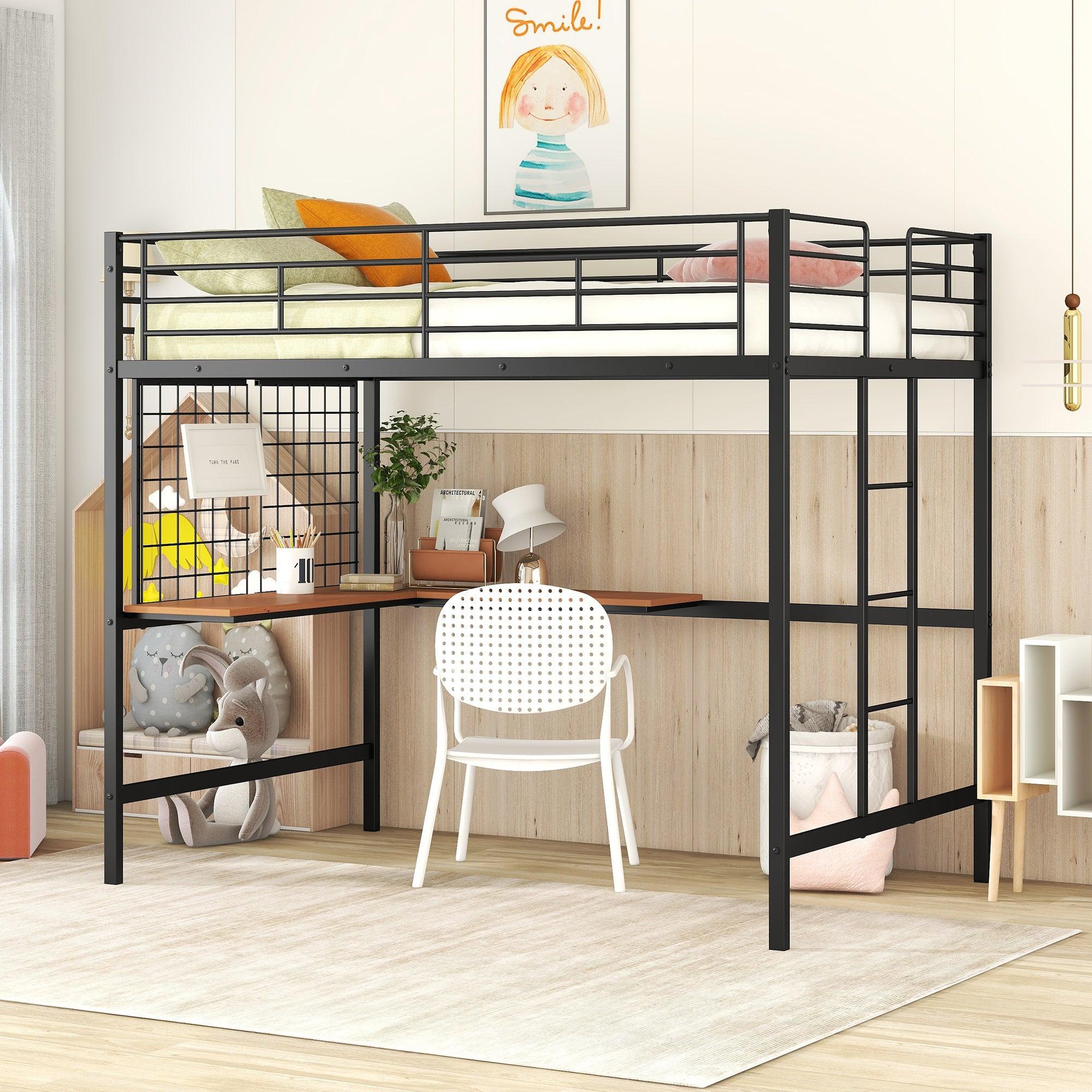 Full Metal Loft Bed with Desk and Metal Grid, Black image