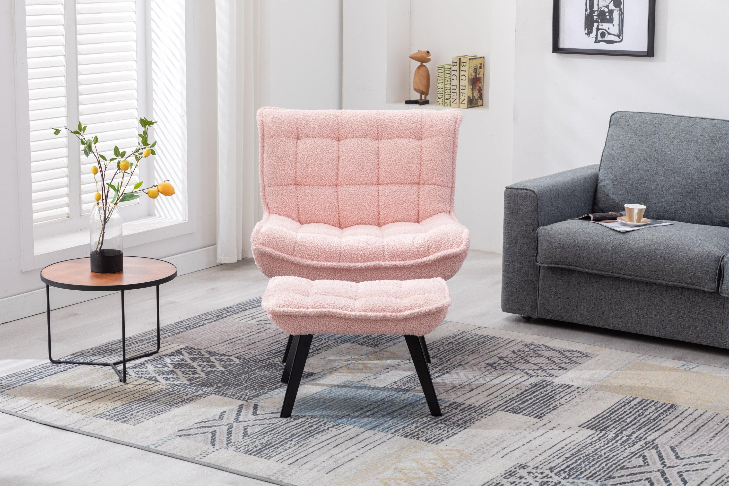 Modern Soft Teddy Fabric Material Large Width Accent Chair Leisure Chair Armchair TV Chair Bedroom Chair With Ottoman Black Legs For Indoor Home And Living Room,Pink