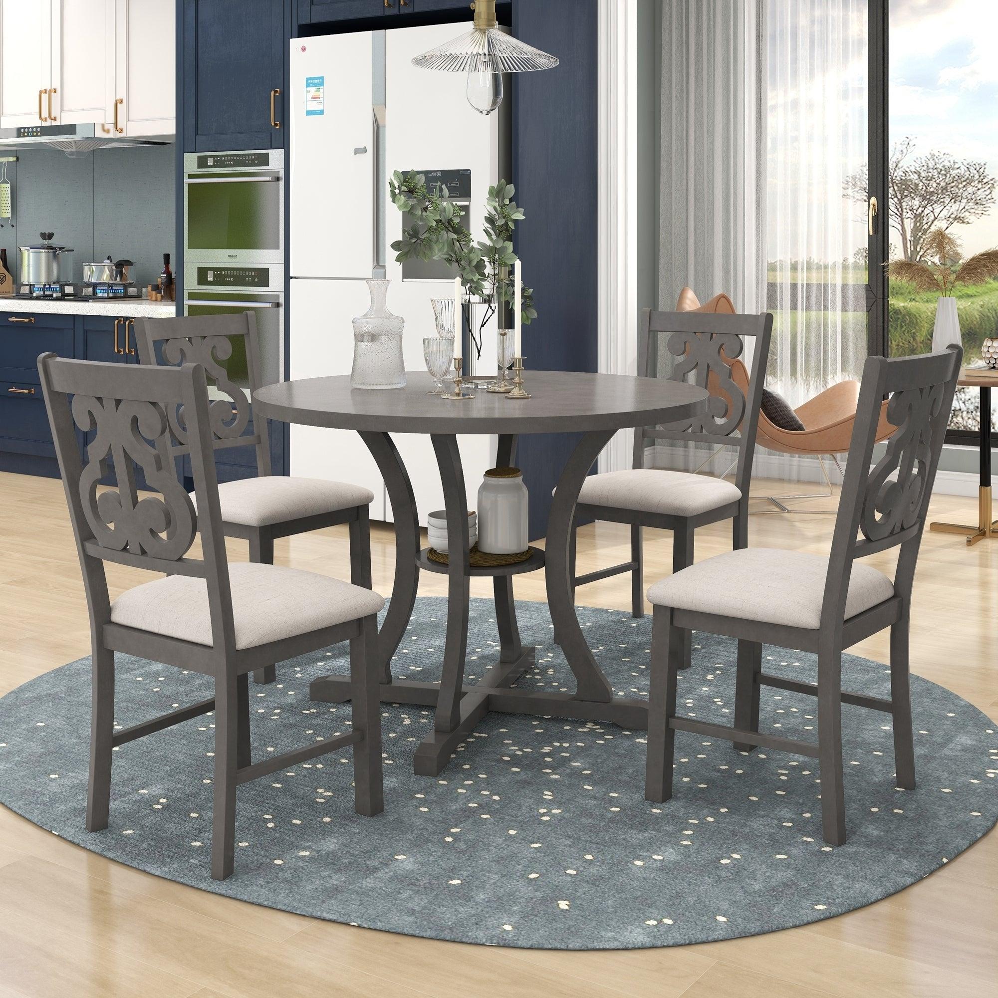 5-Piece Round Dining Table and Chair Set with Special-shaped Legs and an Exquisitely Designed Hollow Chair Back for Dining Room (Gray)