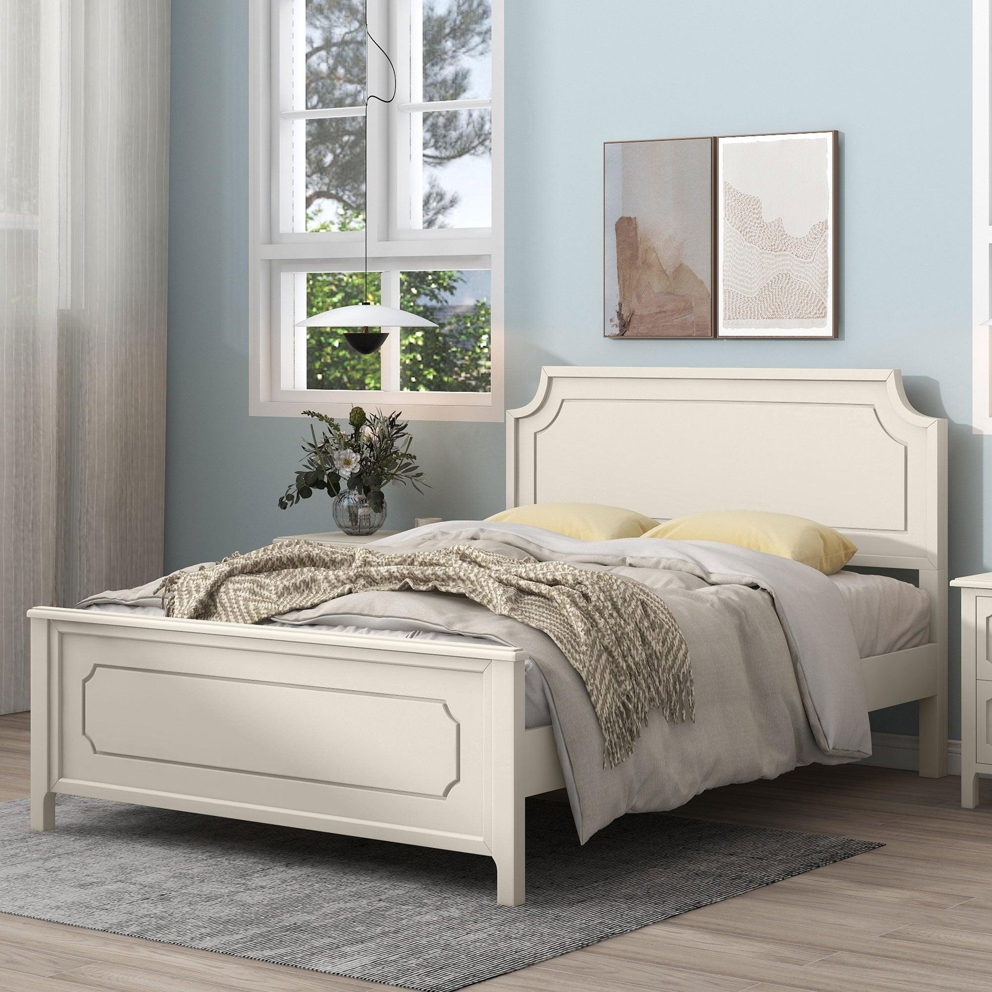 3 Pieces Bedroom Sets Milky White Solid Rubber Wood Queen Size Platform Bed with Nightstand and Dresser