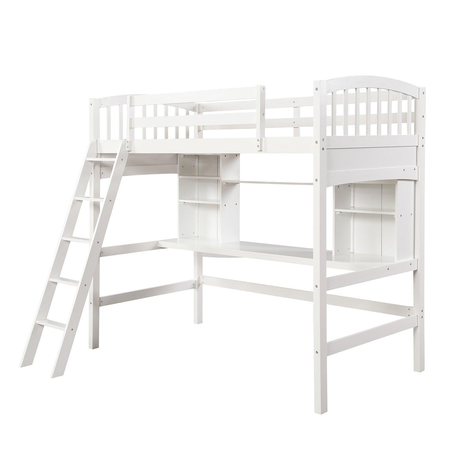 Twin size Loft Bed withStorage Shelves, Desk and Ladder, White