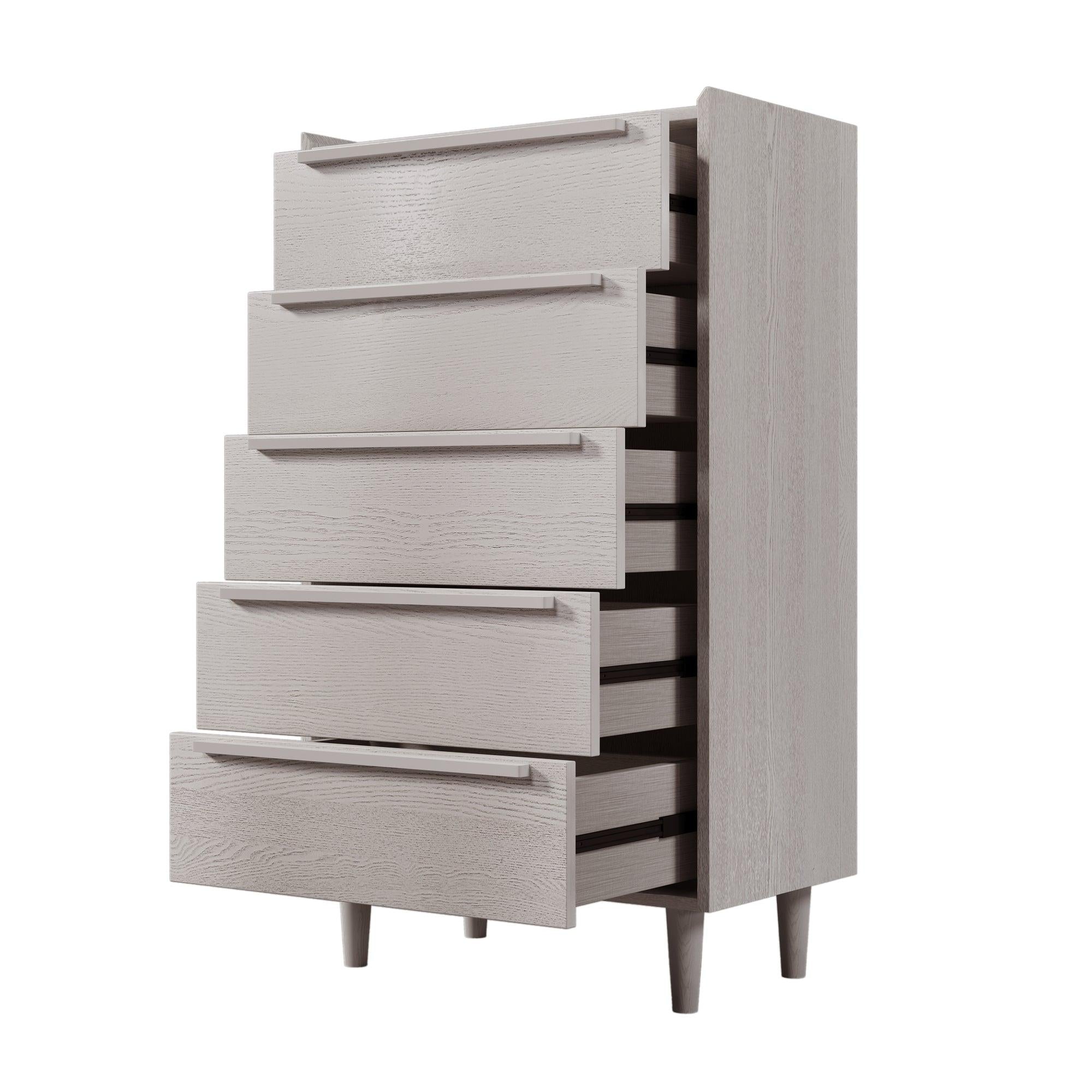 Modern Style Manufactured Wood 5-Drawer Chest with Solid Wood Legs, Stone Gray