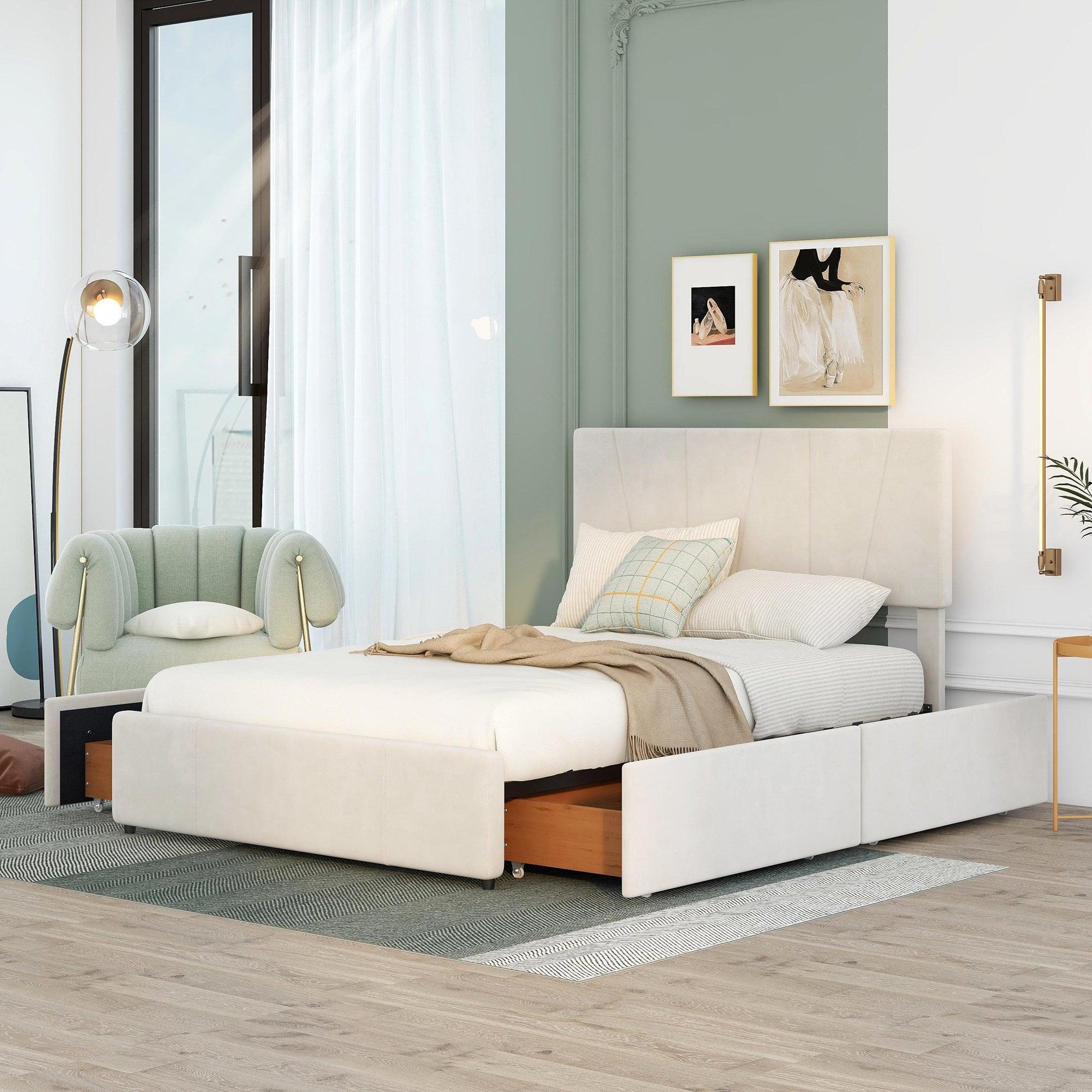 Full Size Upholstery Platform Bed with Four Drawers on Two Sides,Adjustable Headboard,Beige image