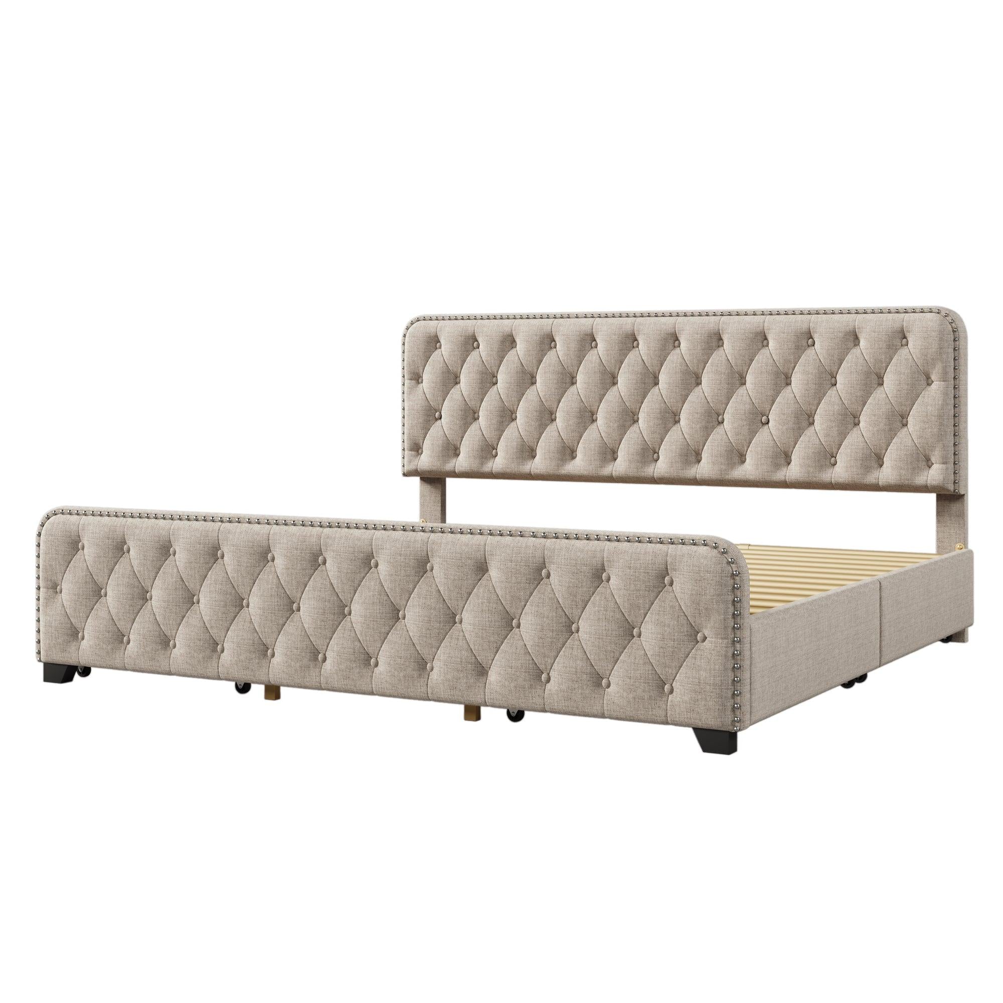 Upholstered Platform Bed Frame with Four Drawers, Button Tufted Headboard and Footboard Sturdy Metal Support, No Box Spring Required, Beige, King