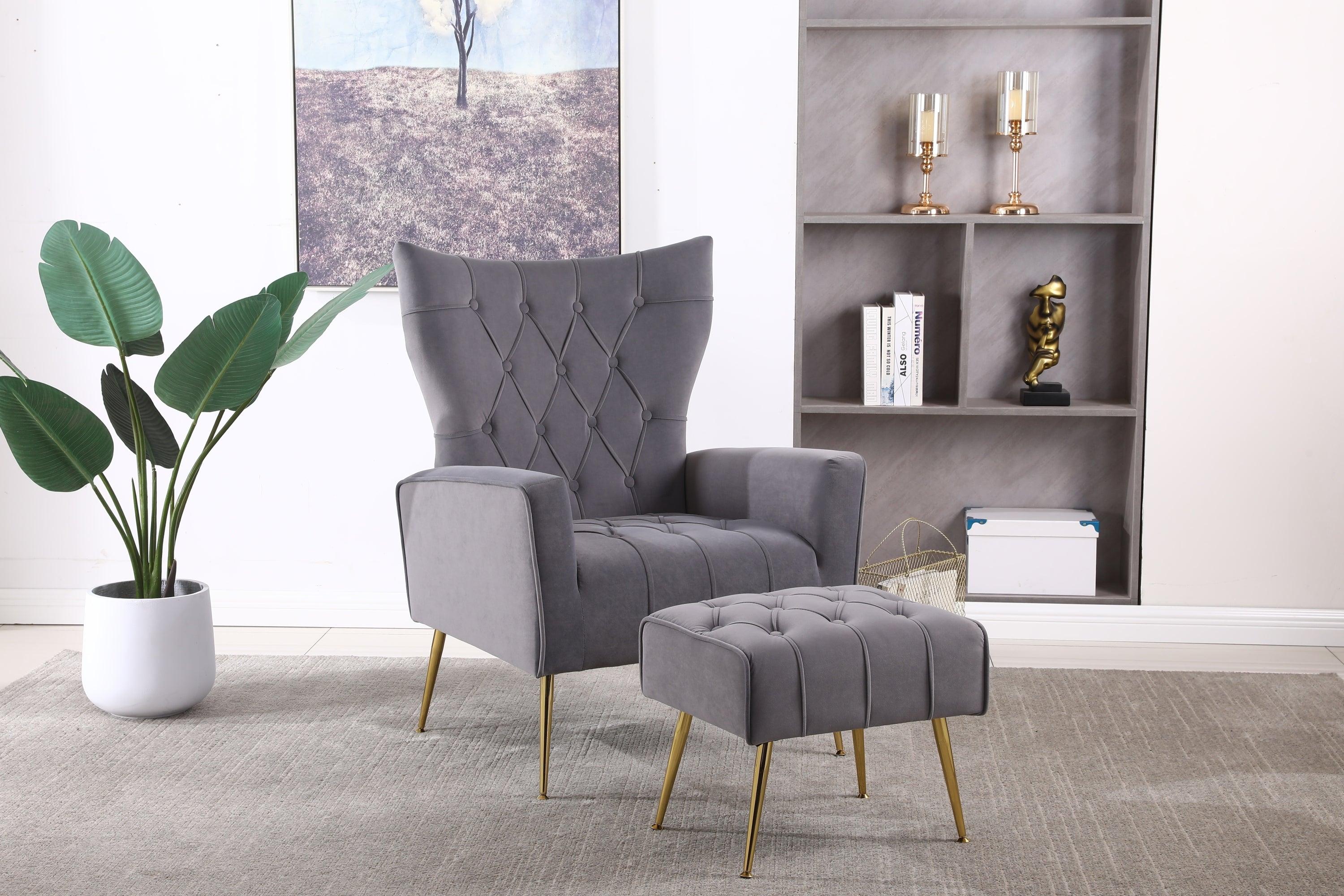 Modern Accent Chair with Ottoman,  Comfy  Armchair for Living Room, Bedroom, Apartment, Office (Grey) image