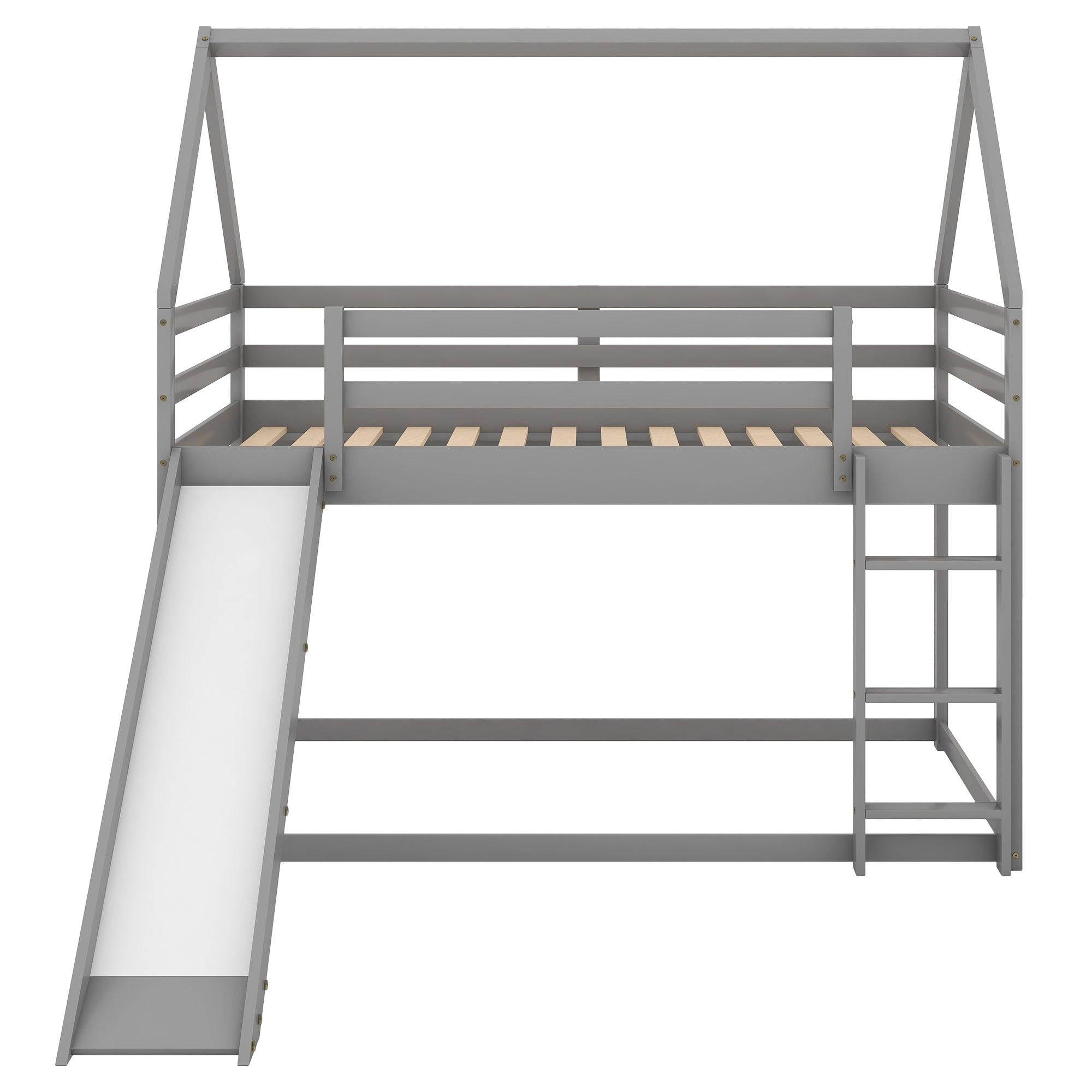 Twin Size Bunk House Bed with Slide and Ladder,Gray