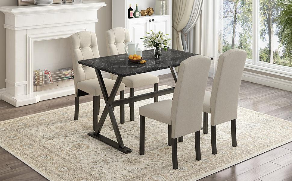 Solid Wood 5-Piece Dining Table Set with Faux Marble Tabletop and Upholstered Dining Chairs for 4, Faux Marble Black+Beige