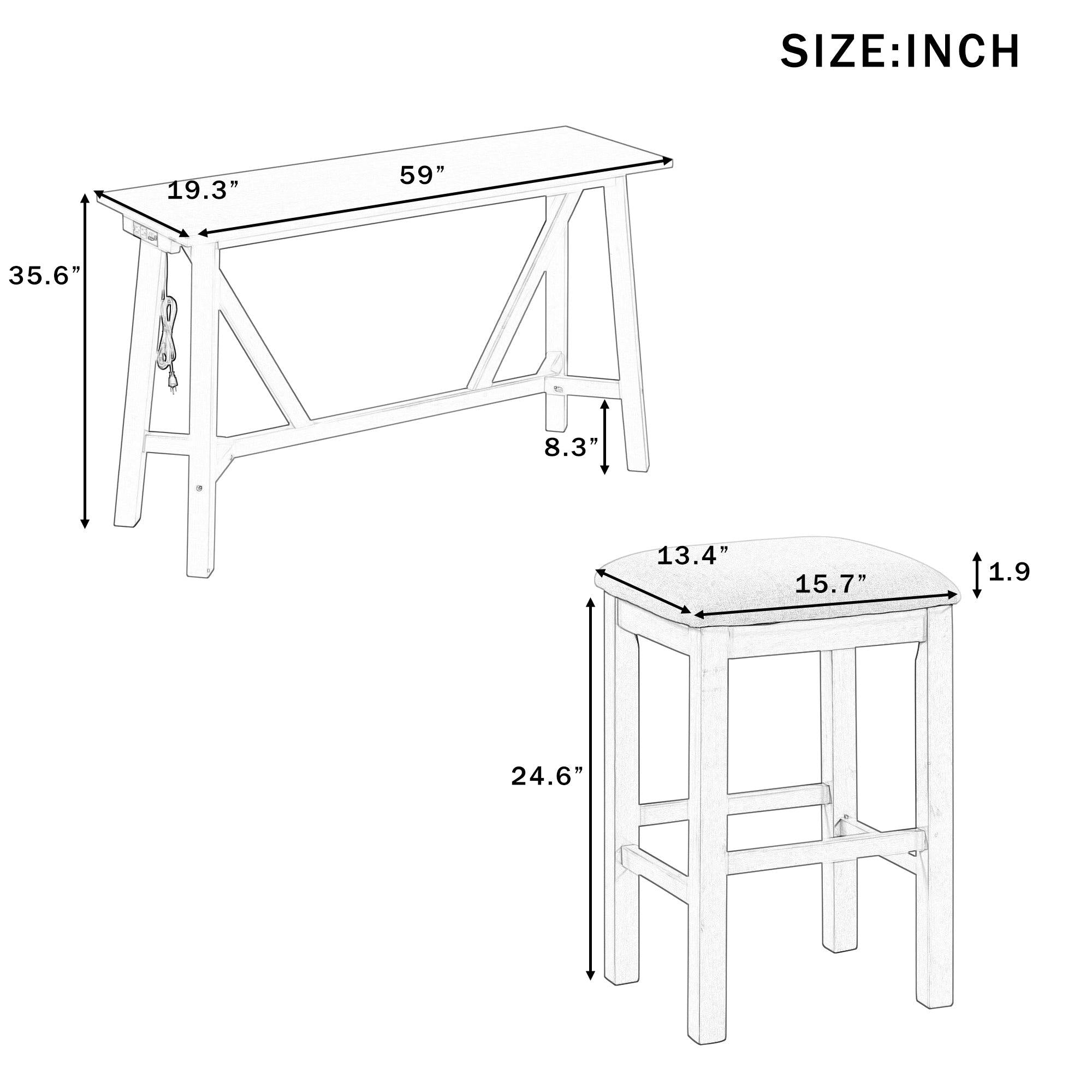 Multipurpose Home Kitchen Dining Bar Table Set with 3 Upholstered Stools(Gray)