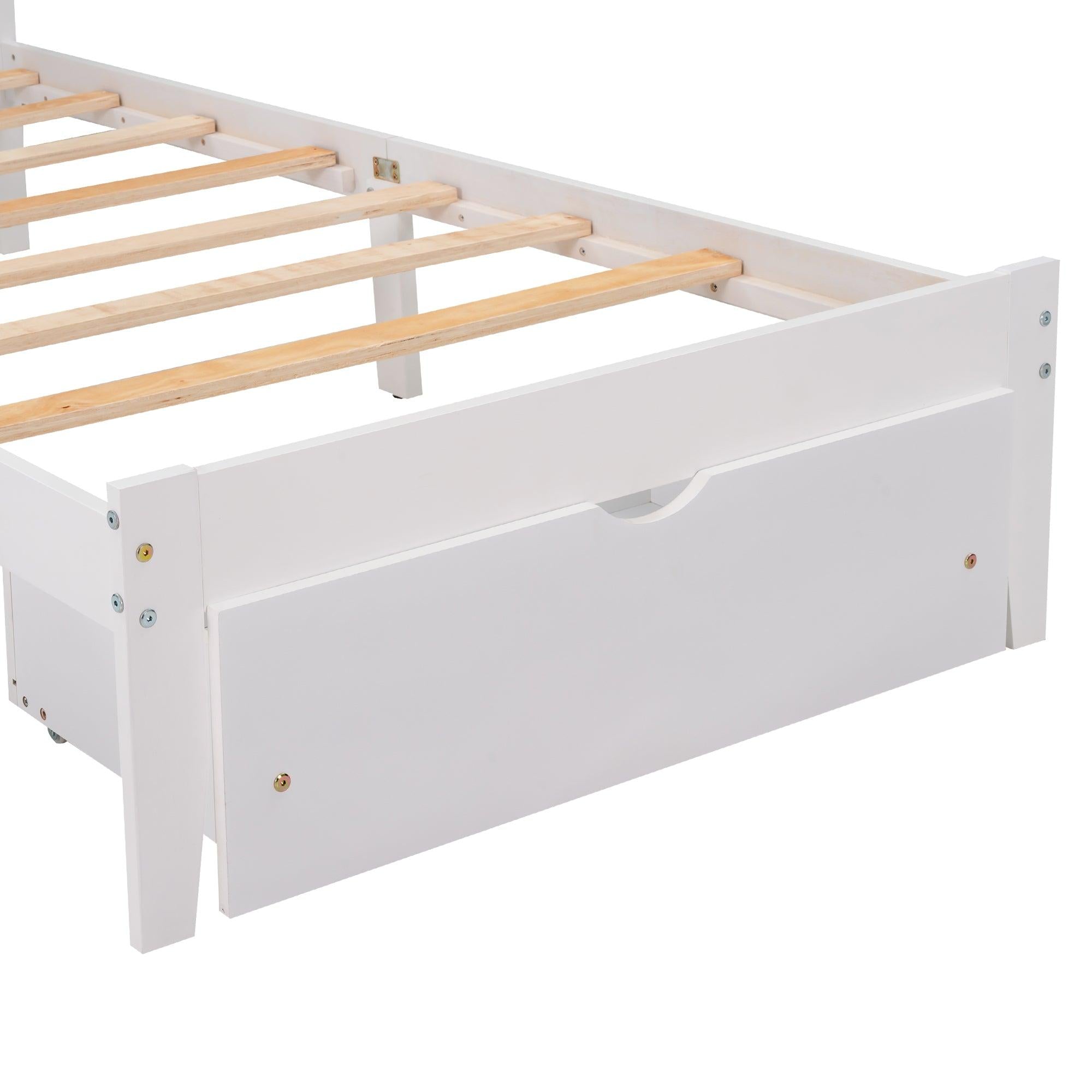 Twin Size Platform Bed with Drawer, White