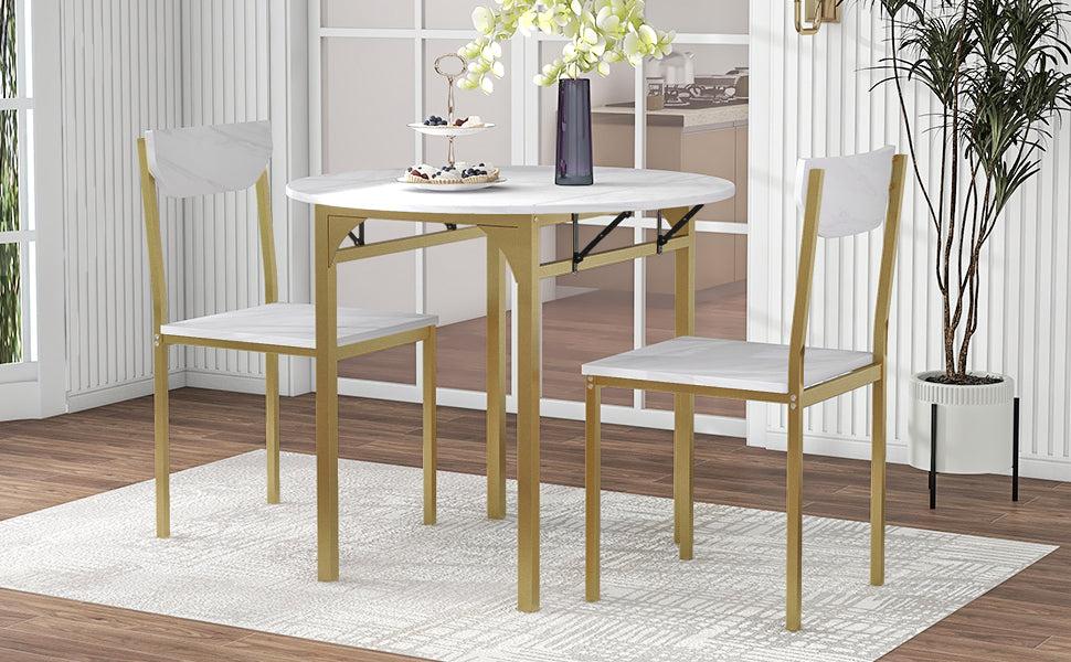 Modern 3-Piece Round Dining Table Set with Drop Leaf and 2 Chairs for Small Places,lden Frame+Faux White Granite Finish