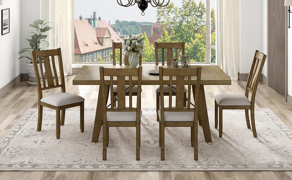 7-Piece Dining Room Set - 72" Industrial Style Rectangular Table with Chain Bracket and 6 Dining Chairs (Natural Walnut)