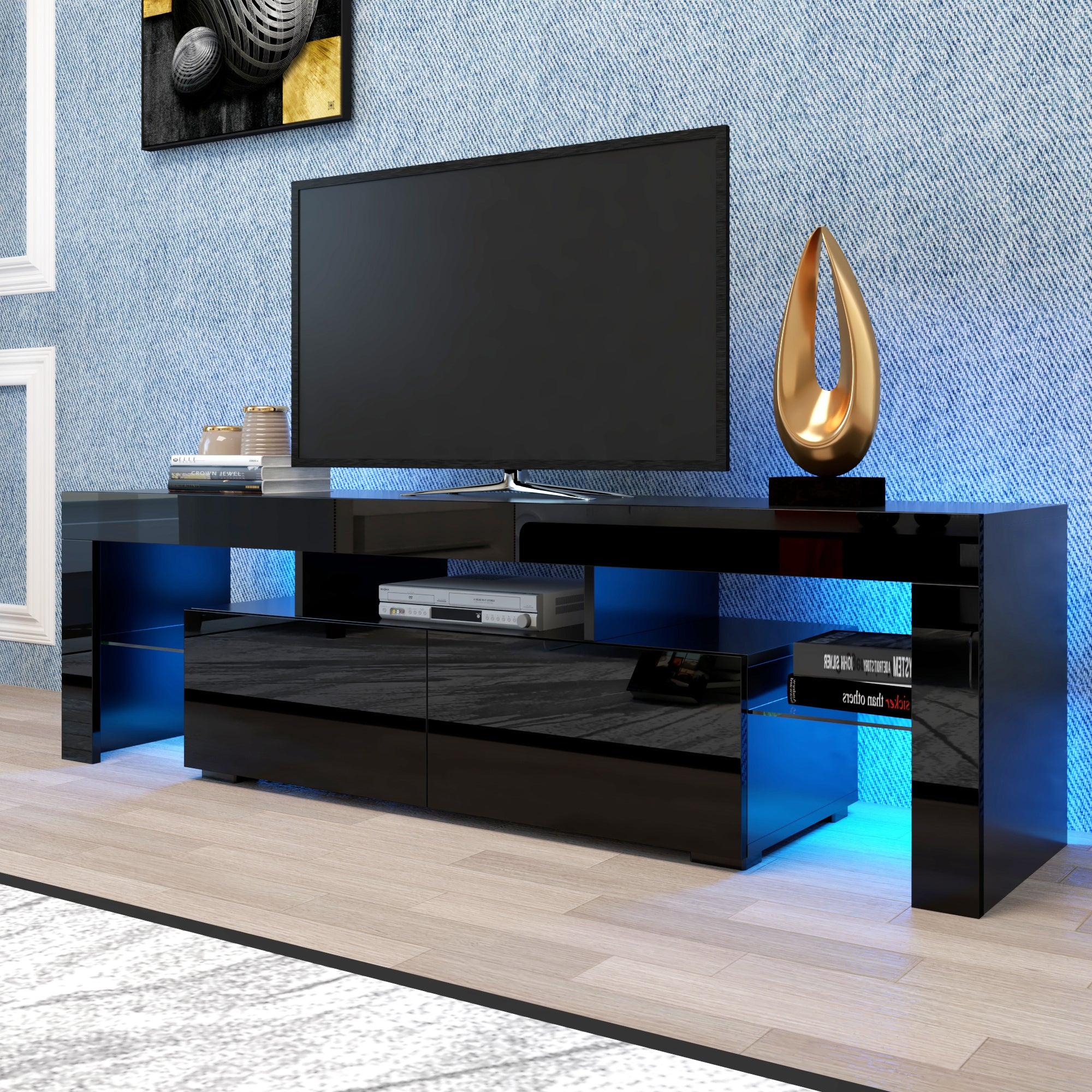 Modern Black TV Stand, 20 Colors LED TV Stand w/Remote Control Lights