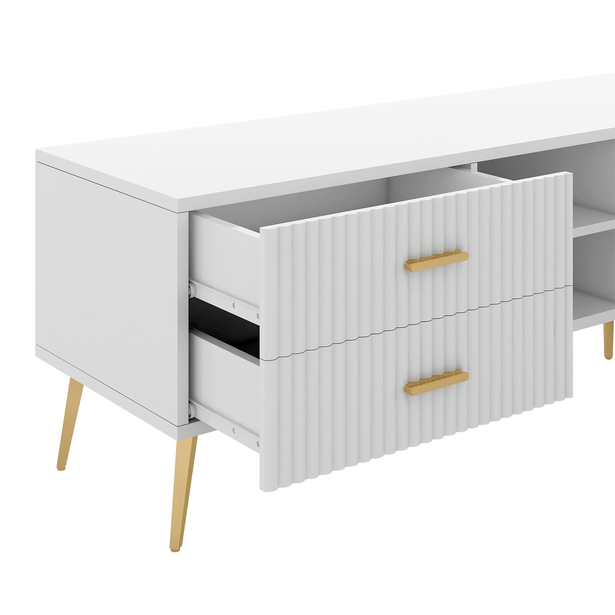 Modern TV Stand with 5 Champagne legs - Durable, stylish, spacious, versatileStorage TVS up to 77" (White)