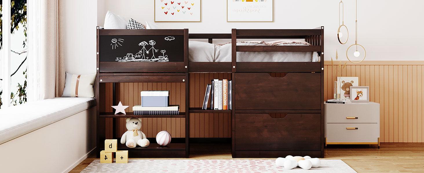 Twin Size Low Loft Bed with Rolling Desk, Shelf and Drawers - Espresso