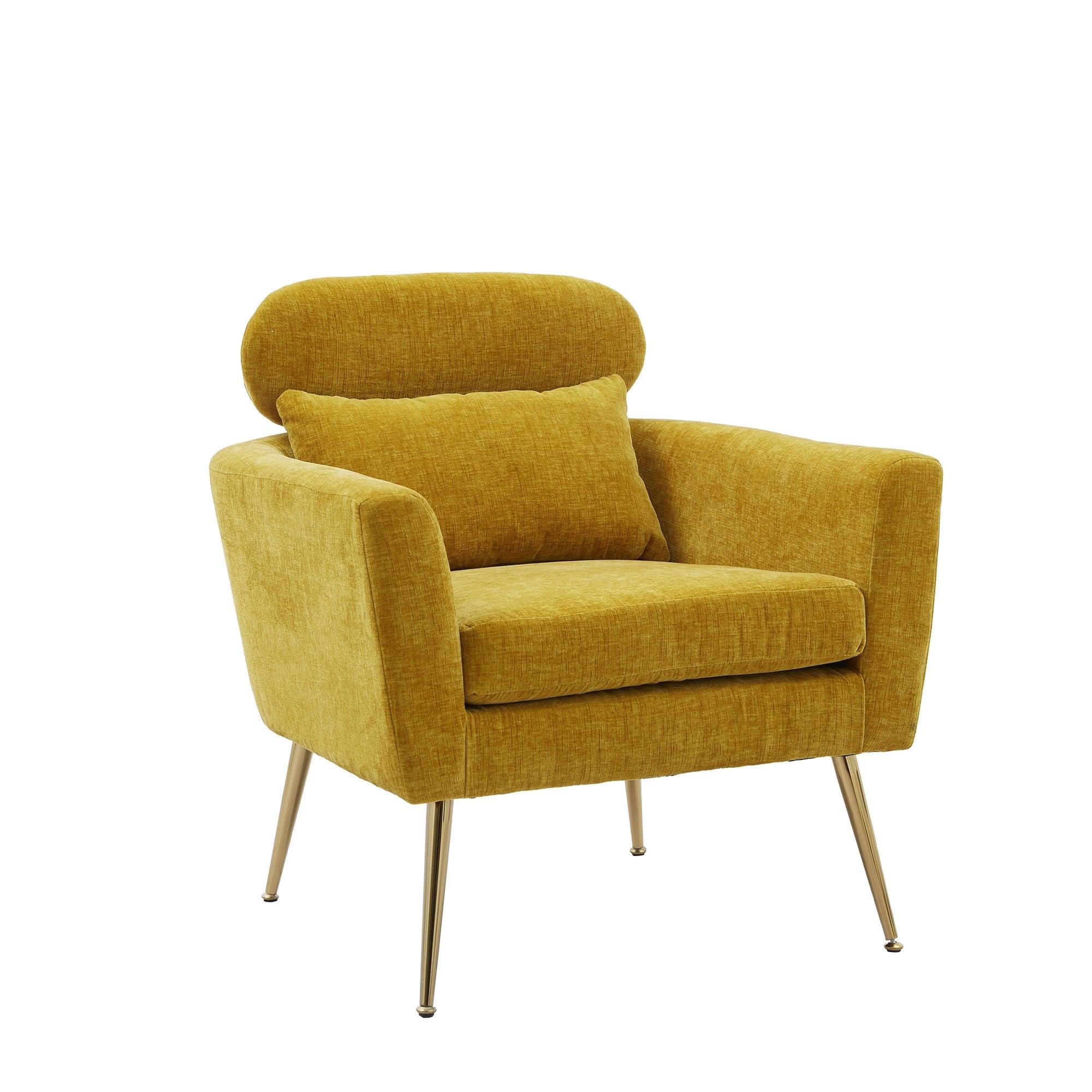 29.5"WModern Chenille Accent Chair Armchair Upholstered Reading Chair Single Sofa Leisure Club Chair with Gold Metal Leg and Throw Pillow for Living Room Bedroom Dorm Room Office, Mustard Chenille