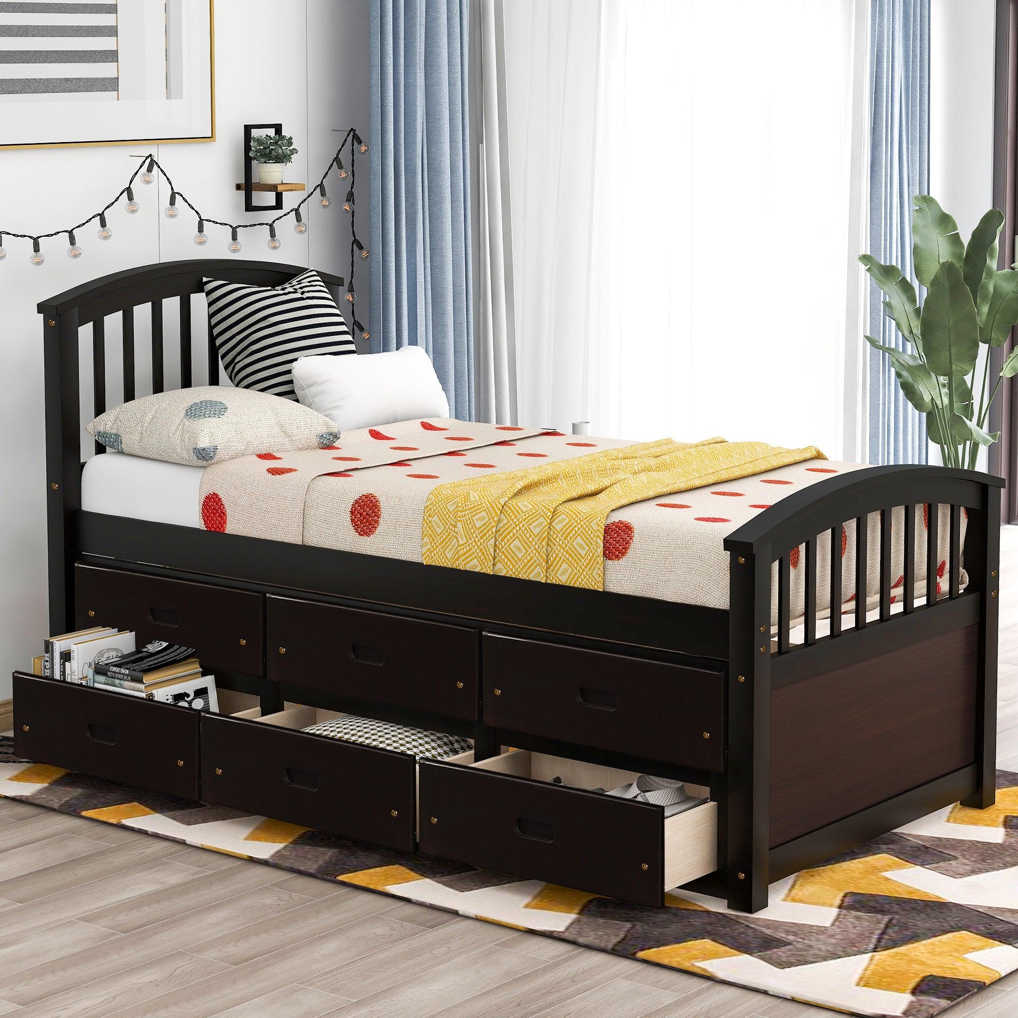 Twin Size PlatformStorage Bed Solid Wood Bed with 6 Drawers