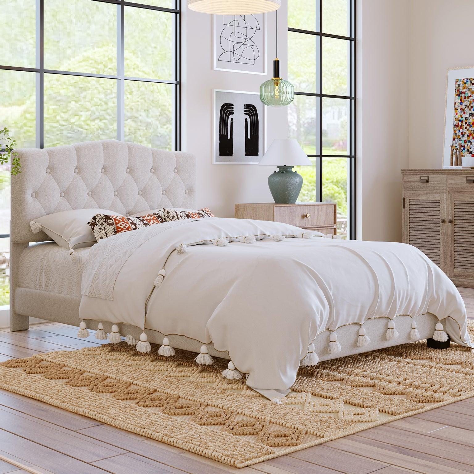 Upholstered Platform Bed with Saddle Curved Headboard and Diamond Tufted Details, Full, Beige