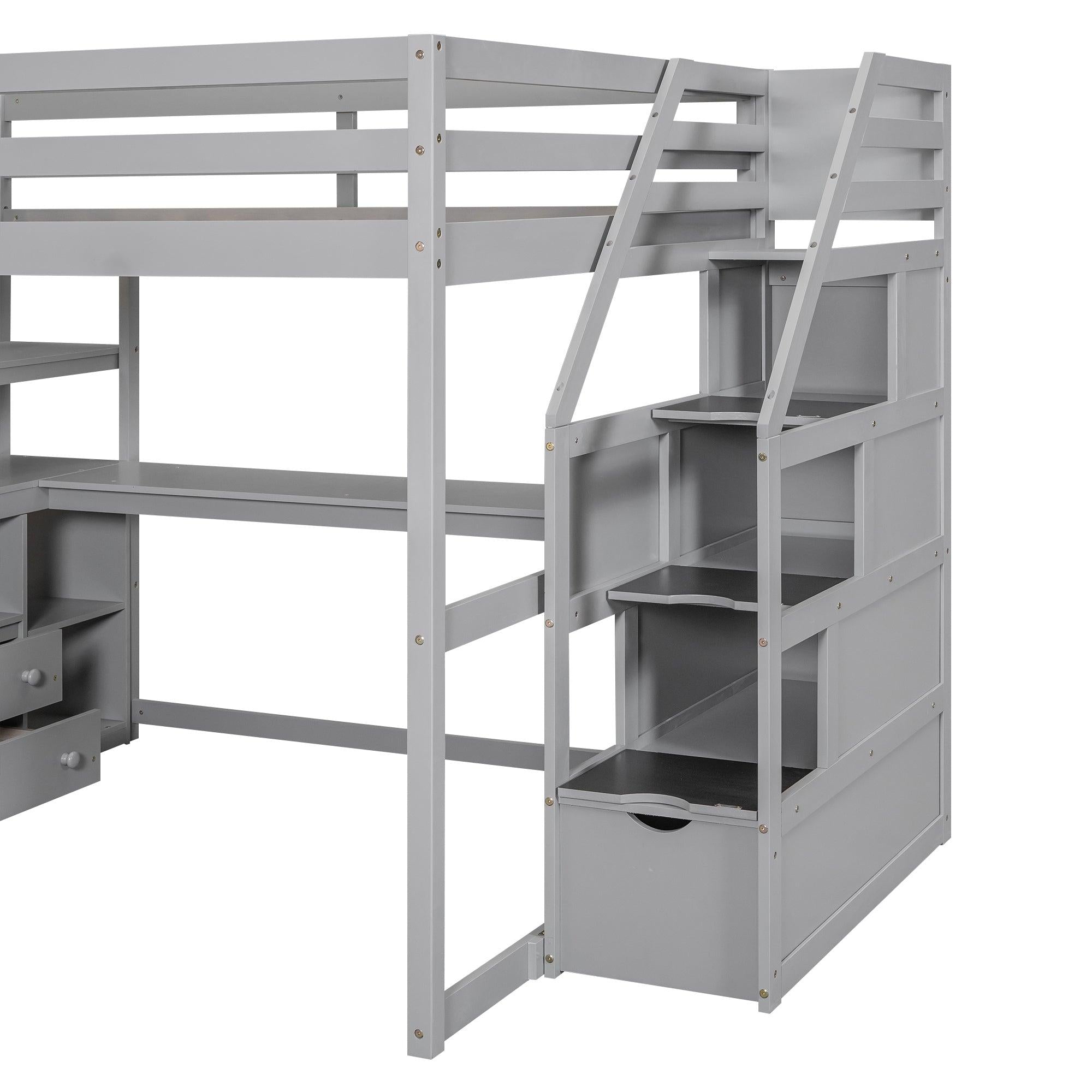 Full Size Loft Bed with Desk and Shelves, Two Built-in Drawers,Storage Staircase, Gray