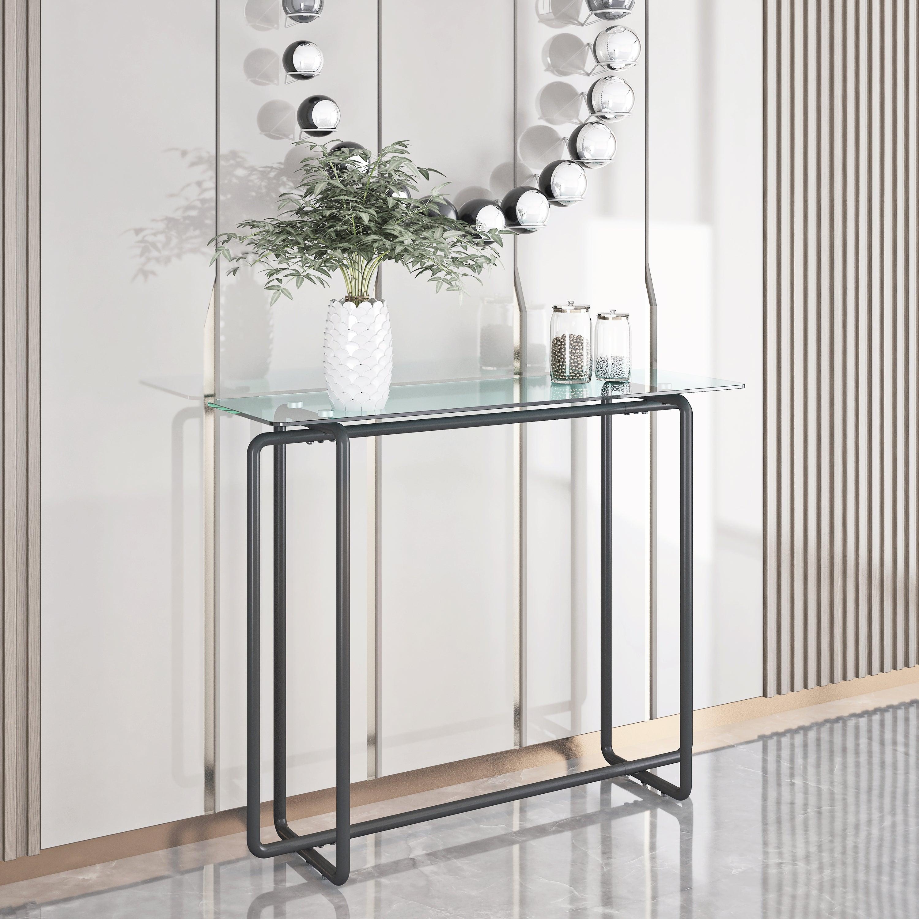 Console Table single layer tempered glass rectangular porch table black leg double tempered glass tea table,Transparent image