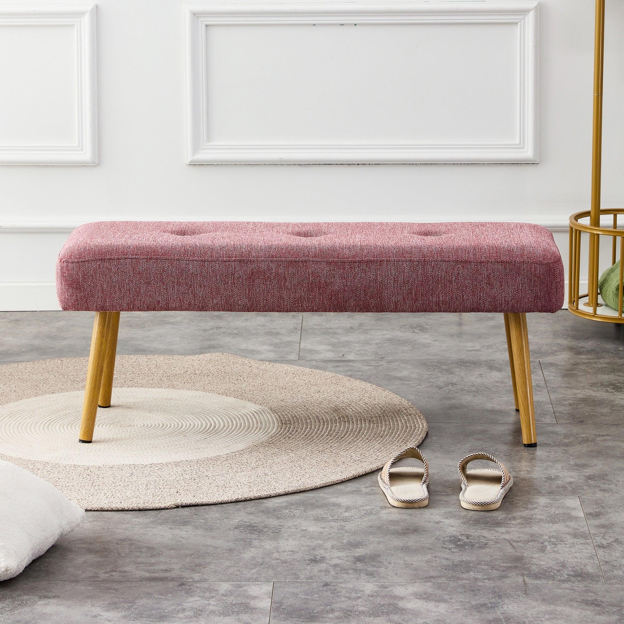 Linen Fabric Upholstered Bench With Gold Metal Legs .Shoe Changing Bench Sofa Bench Dining Chair .for to Bedroom Fitting Room, Store, Dining Room and Living Room.Dark Pink