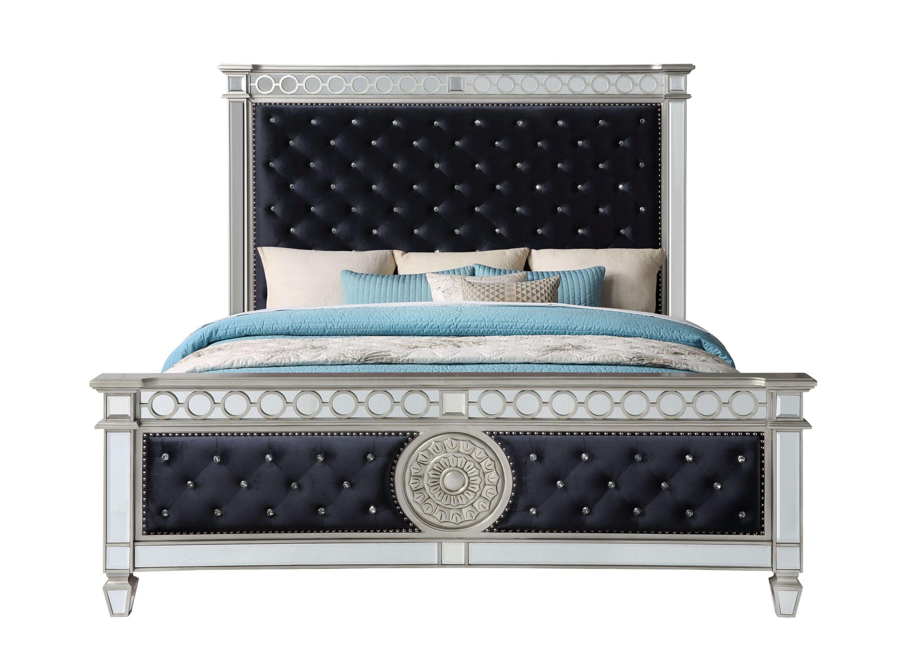 ACME Varian Dark Navy Velvet & Mirrored Queen Bed 27350Q image