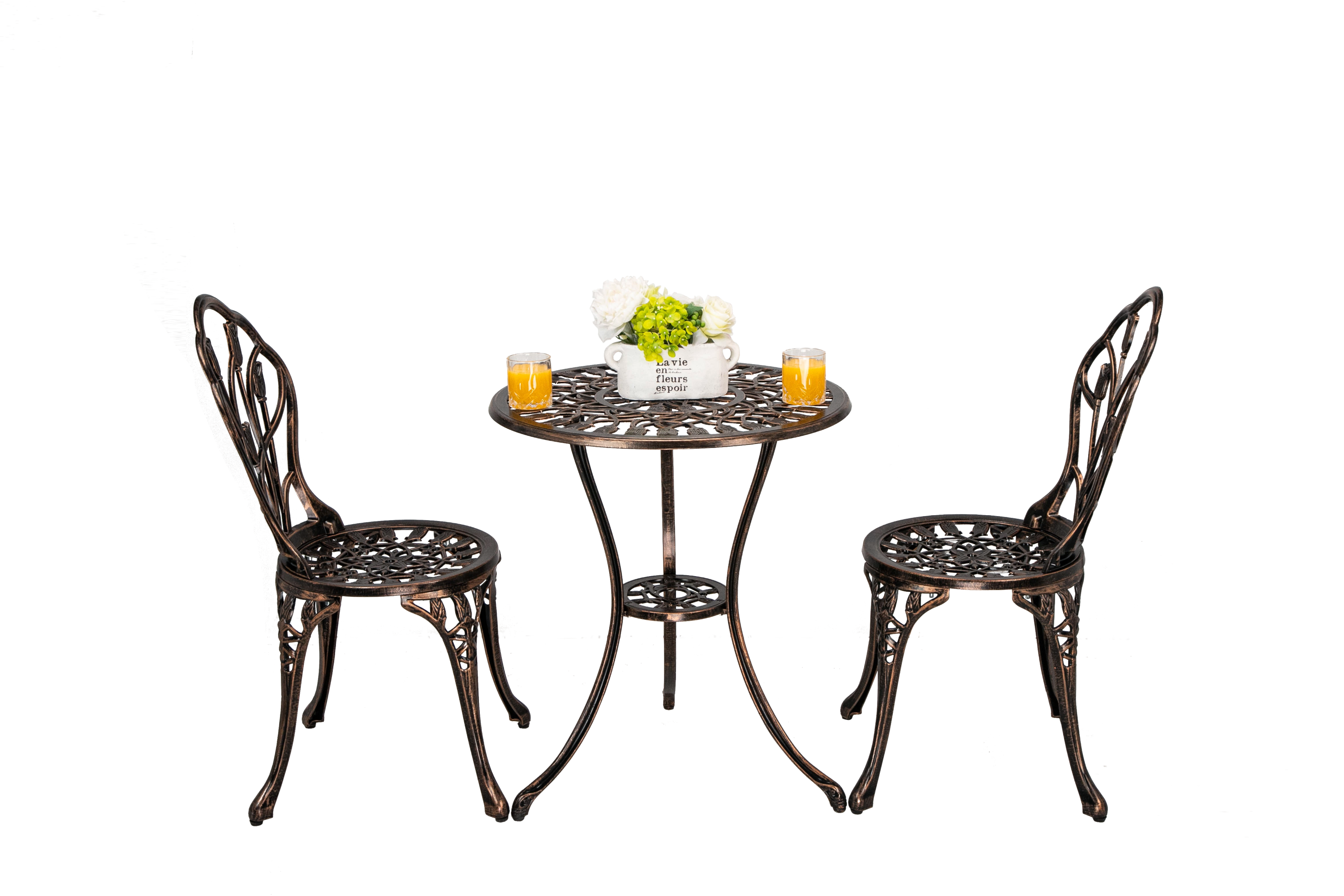 Bistro Table Set, Outdoor Patio Set 3 Piece Table and Chairs, Tulip Carving and Weather Resistant-Antique Bronze