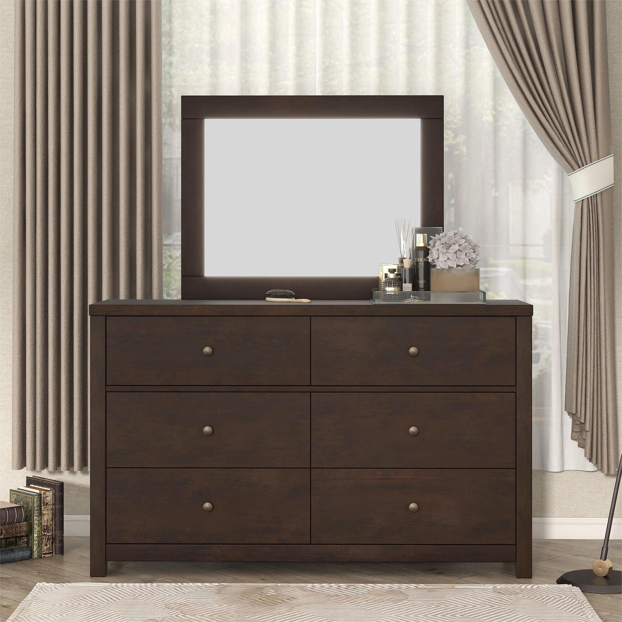 Vintage Aesthetic Solid Wood 6 Drawer Double Dressing Set in Rich Brown (Dresser + Mirror) image