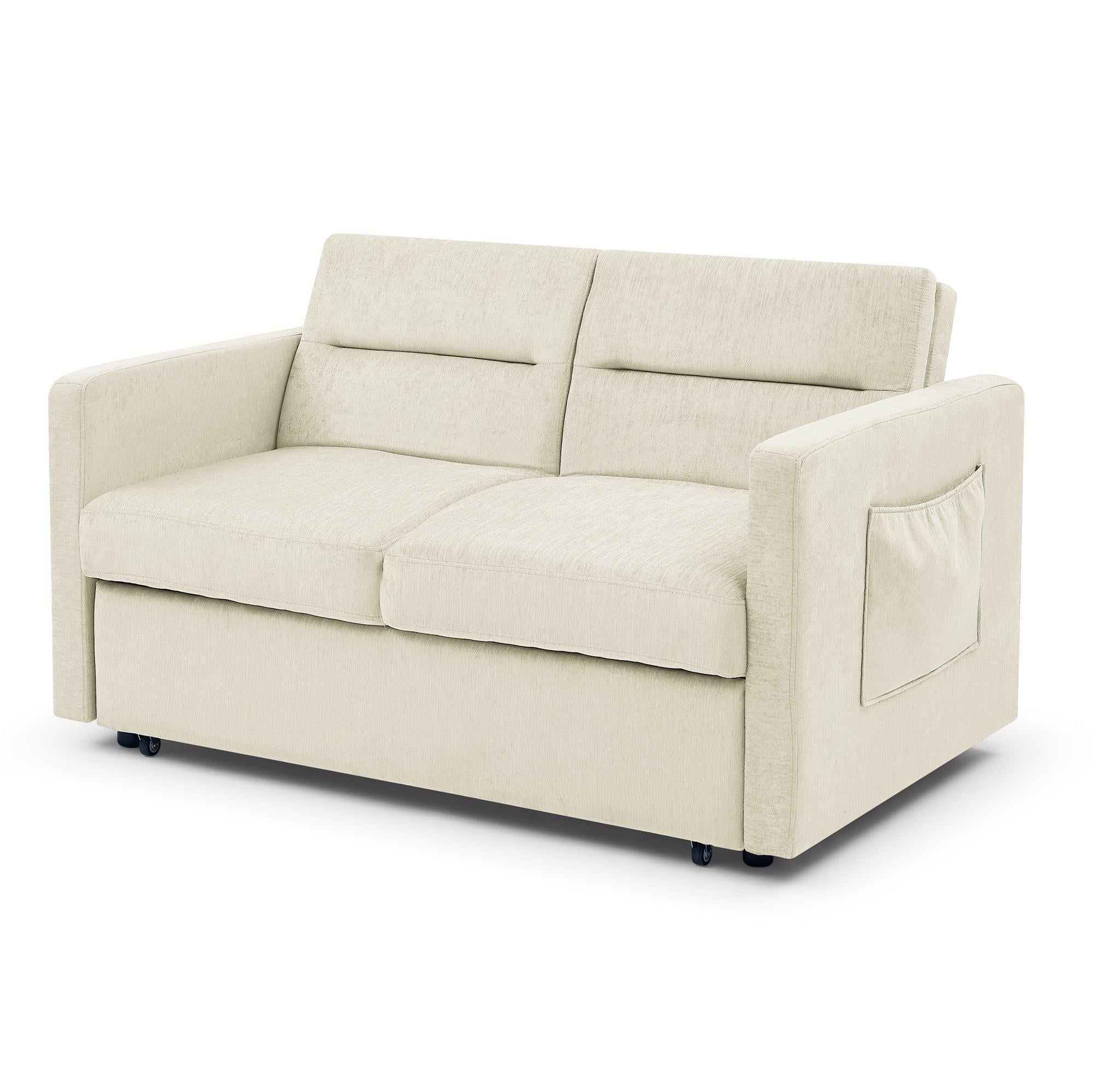 Loveseats Sofa Bed with Pull-out Bed，Adjsutable Back and Two Arm Pocket，Beige （54.5“x33”x31.5“）