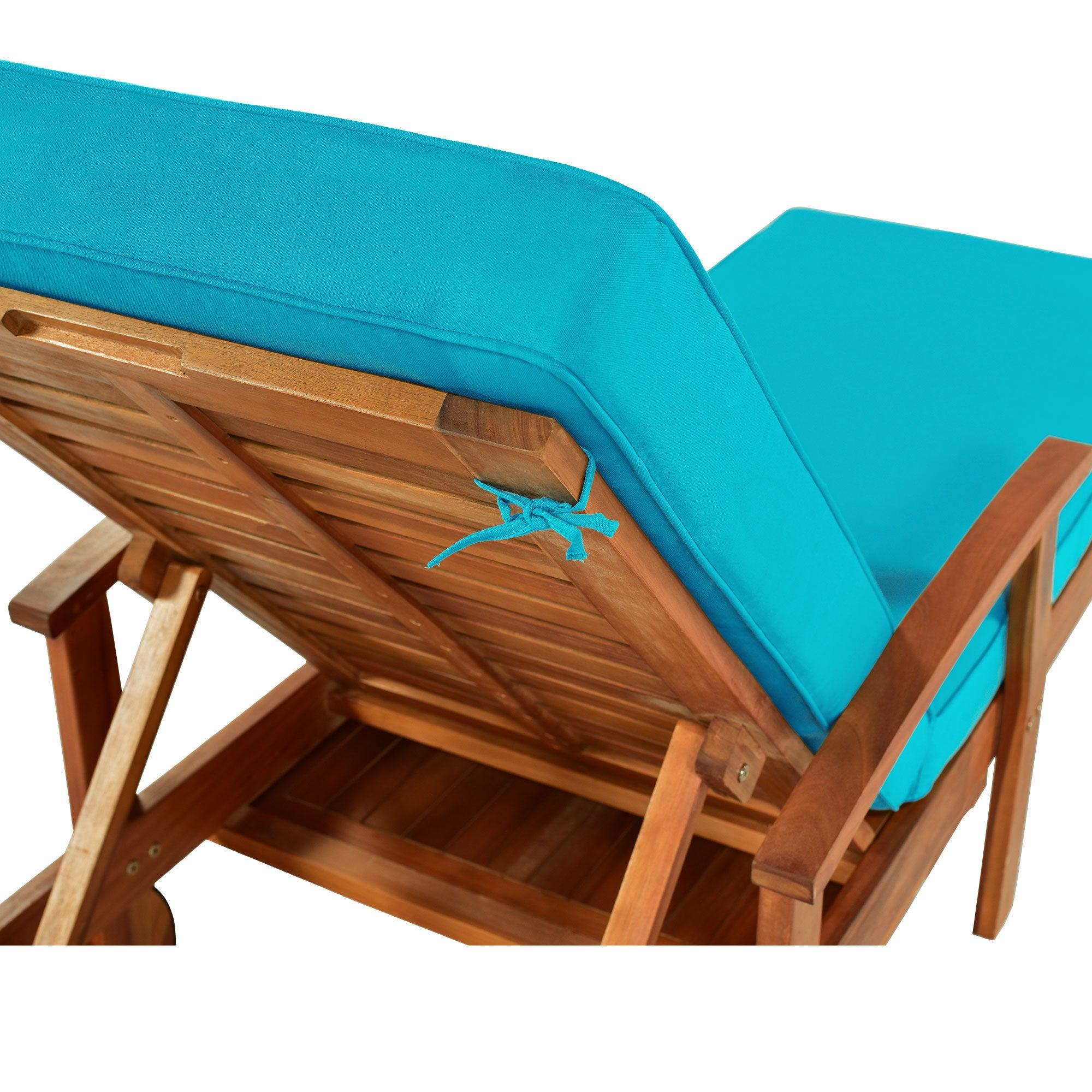 78.8" Outdoor Patio Solid Wood Chaise Lounge Reclining Daybed with Blue Cushion, Wheels and Sliding Cup Table