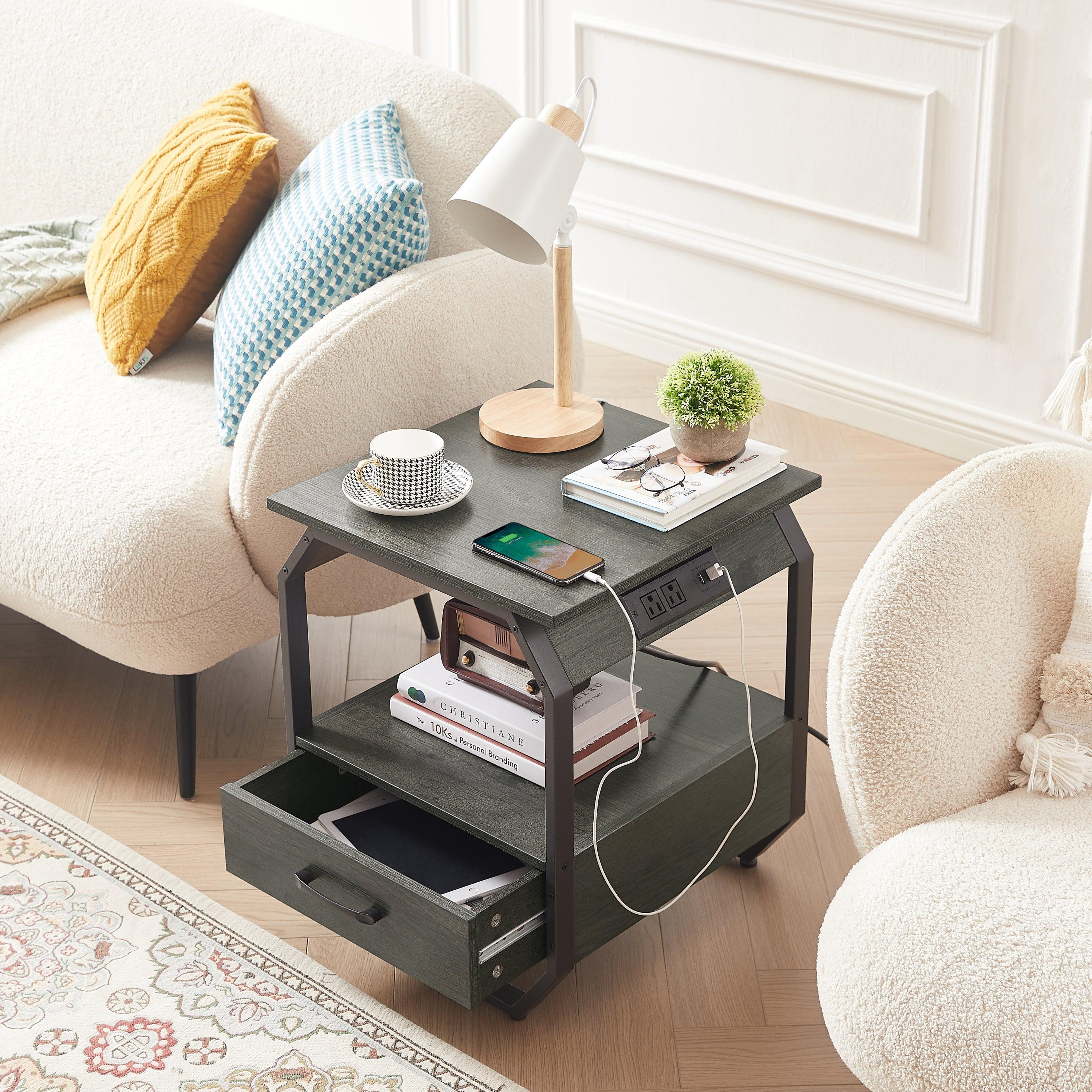 End table Side table with Charging Station,sofa side table with drawers, bedside table for bedroom.(Dark grey,17.3’’W*17.9’’D*21.2’’H)