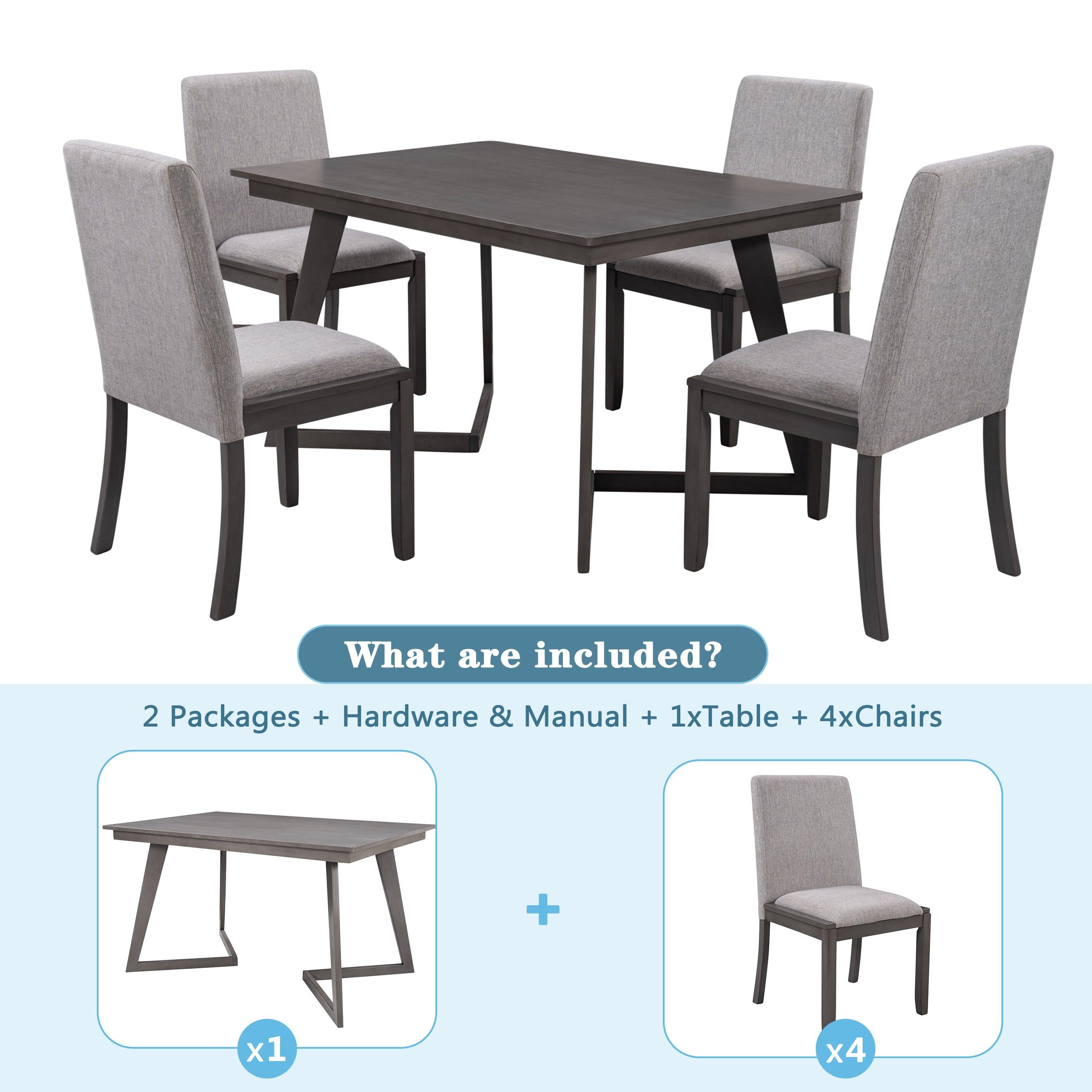 5-Piece Dining Set, Wood Rectangular Table with 4 Linen Fabric Chairs, Gray