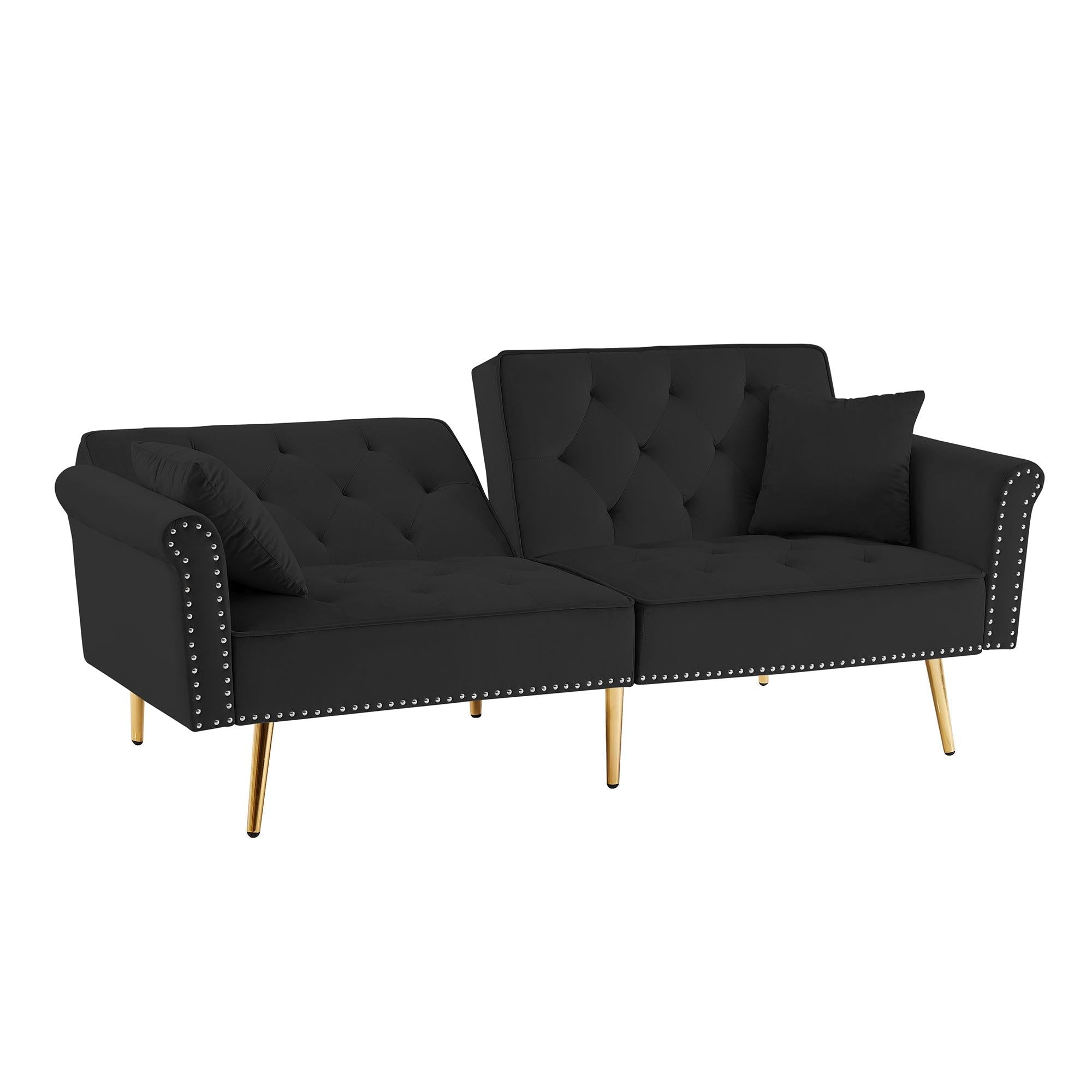 Modern Velvet Tufted Sofa Couch with 2 Pillows and Nailhead Trim, Loveseat Sofa Futon Sofa Bed with Metal Legs  for Living Room.