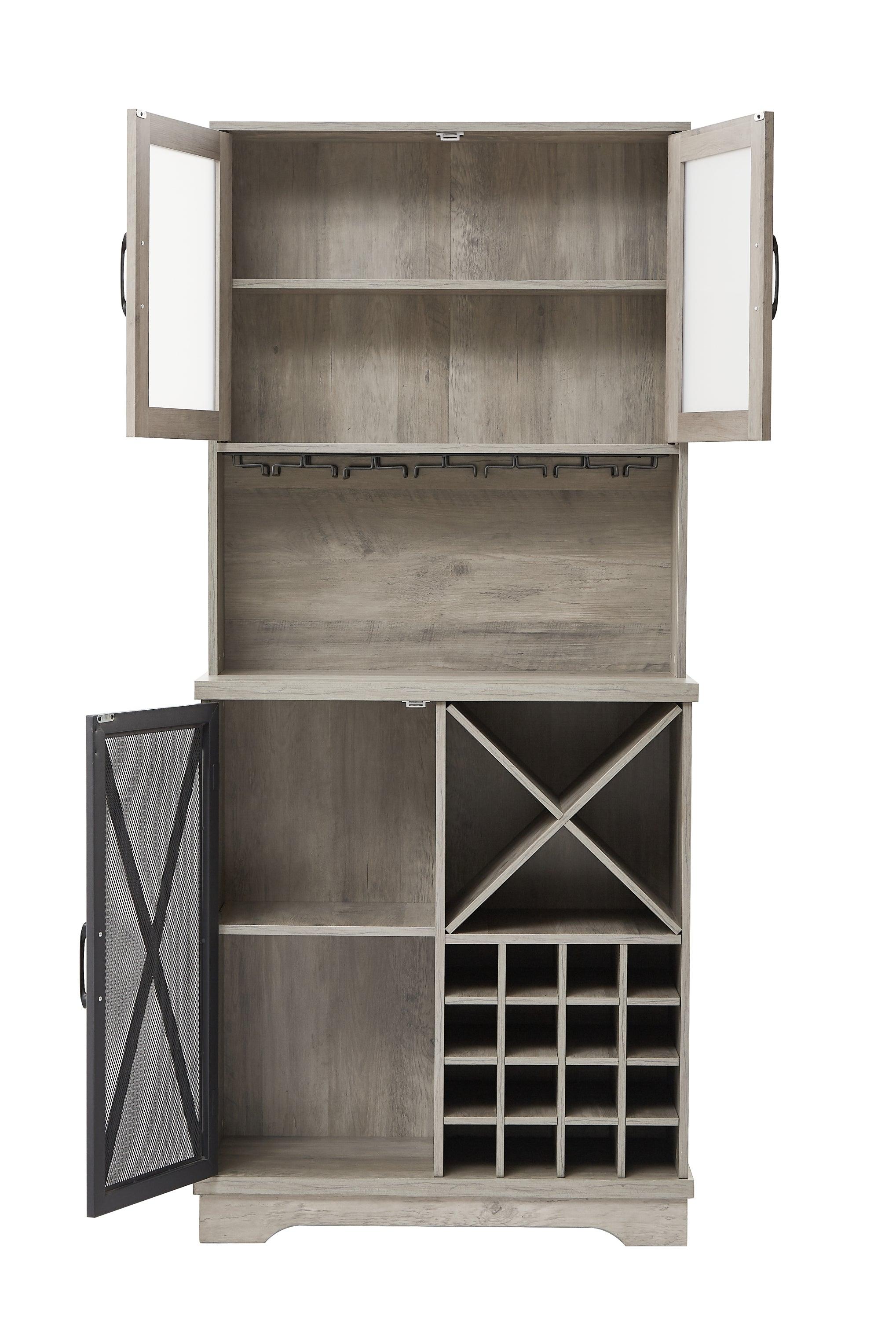 Farmhouse Wine Cabinet , Large Capacity Kitchen SideboardStorage Cabinet With Wine Rack And Glass Holder, Adjustable Shelf And 16 Square Compartments (Gray, 31.50" W*13.4" D*71.06"H)