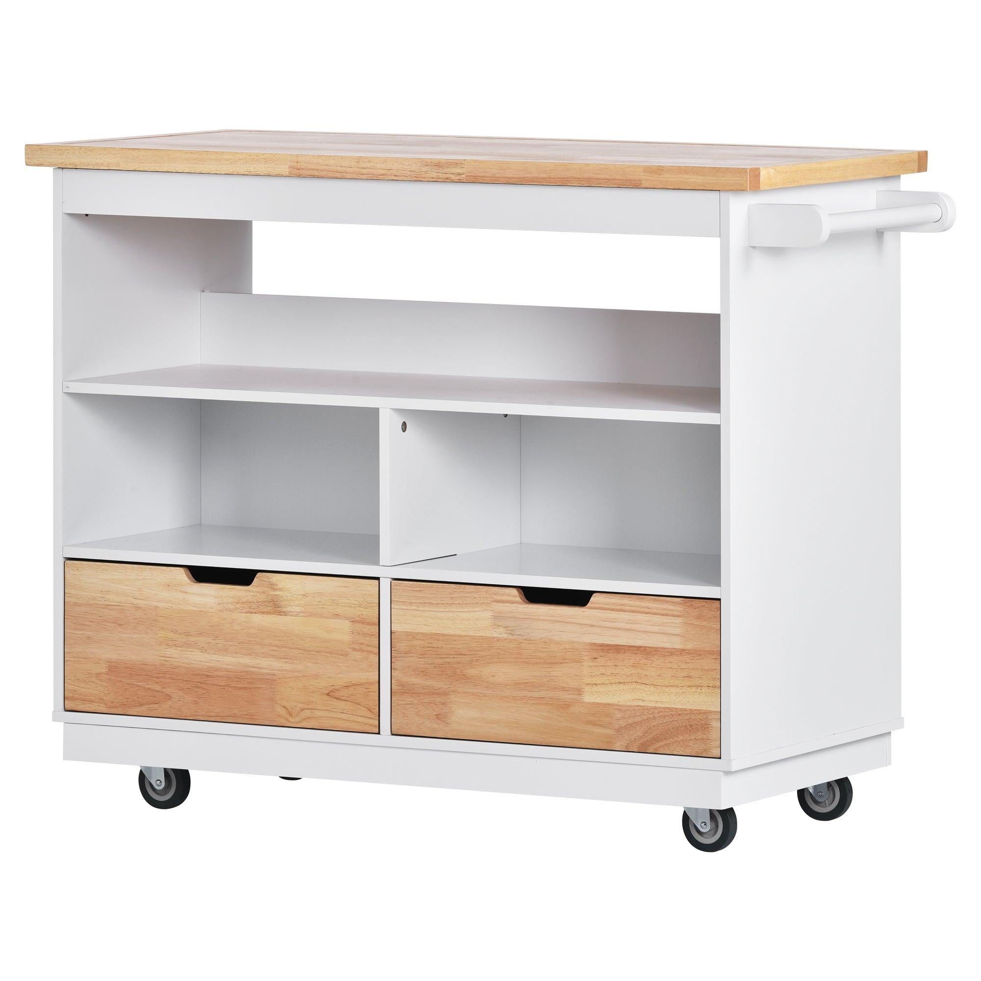 Kitchen Cart Rolling Mobile Kitchen Island Solid Wood Top, Kitchen Cart With 2 Drawers,Tableware Cabinet（White）