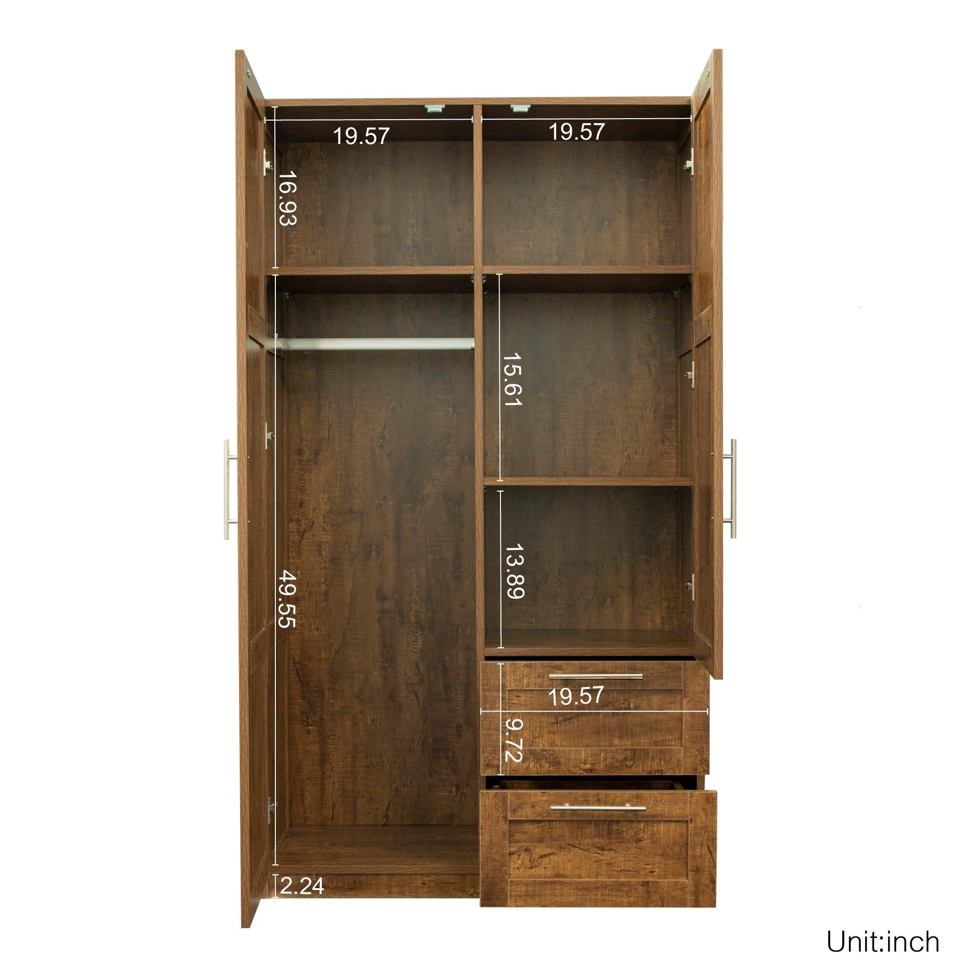 High wardrobe and kitchen cabinet with 2 doors, 2 drawers and 5Storage spaces,walnut