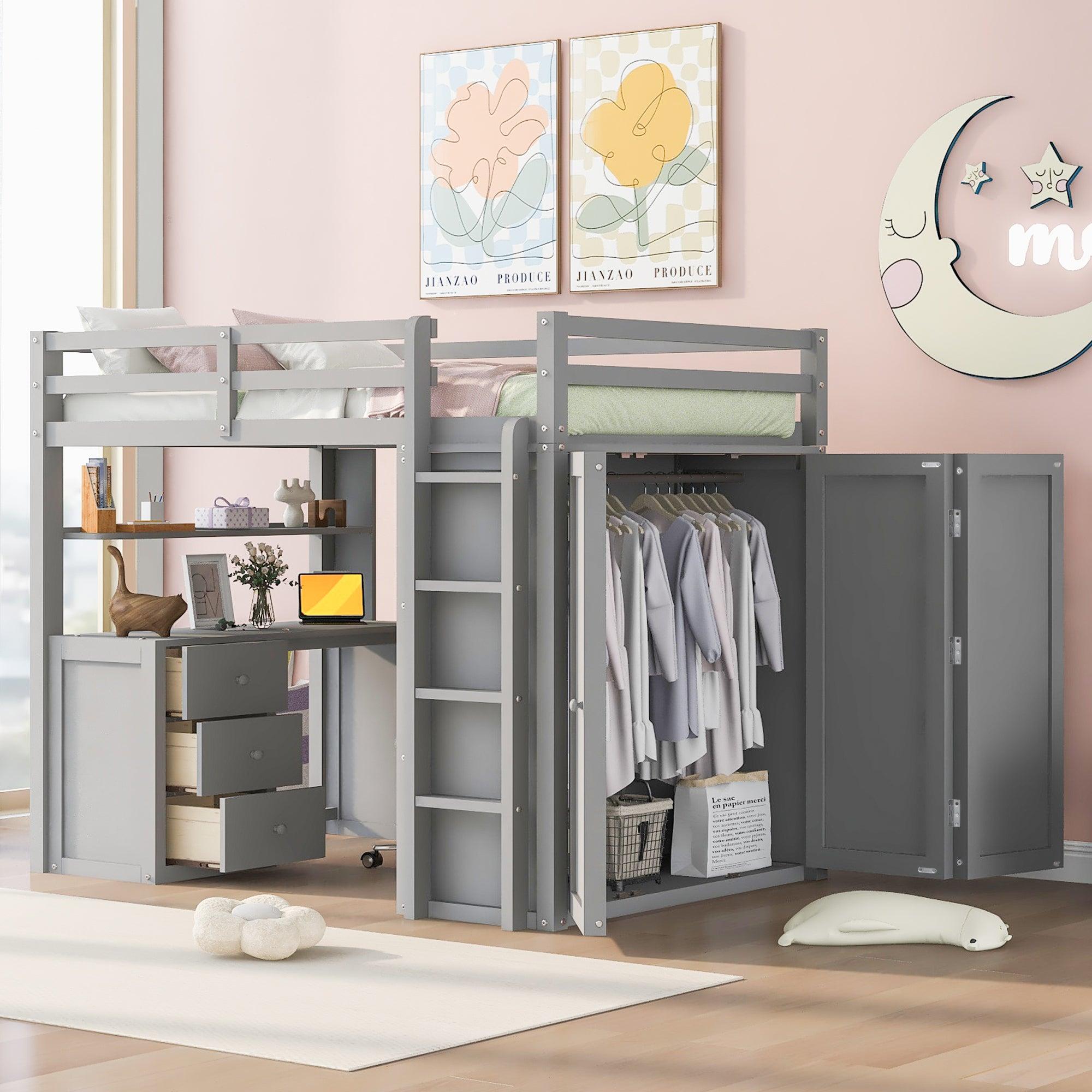 Full size Loft Bed with Drawers,Desk,and Wardrobe-Gray image