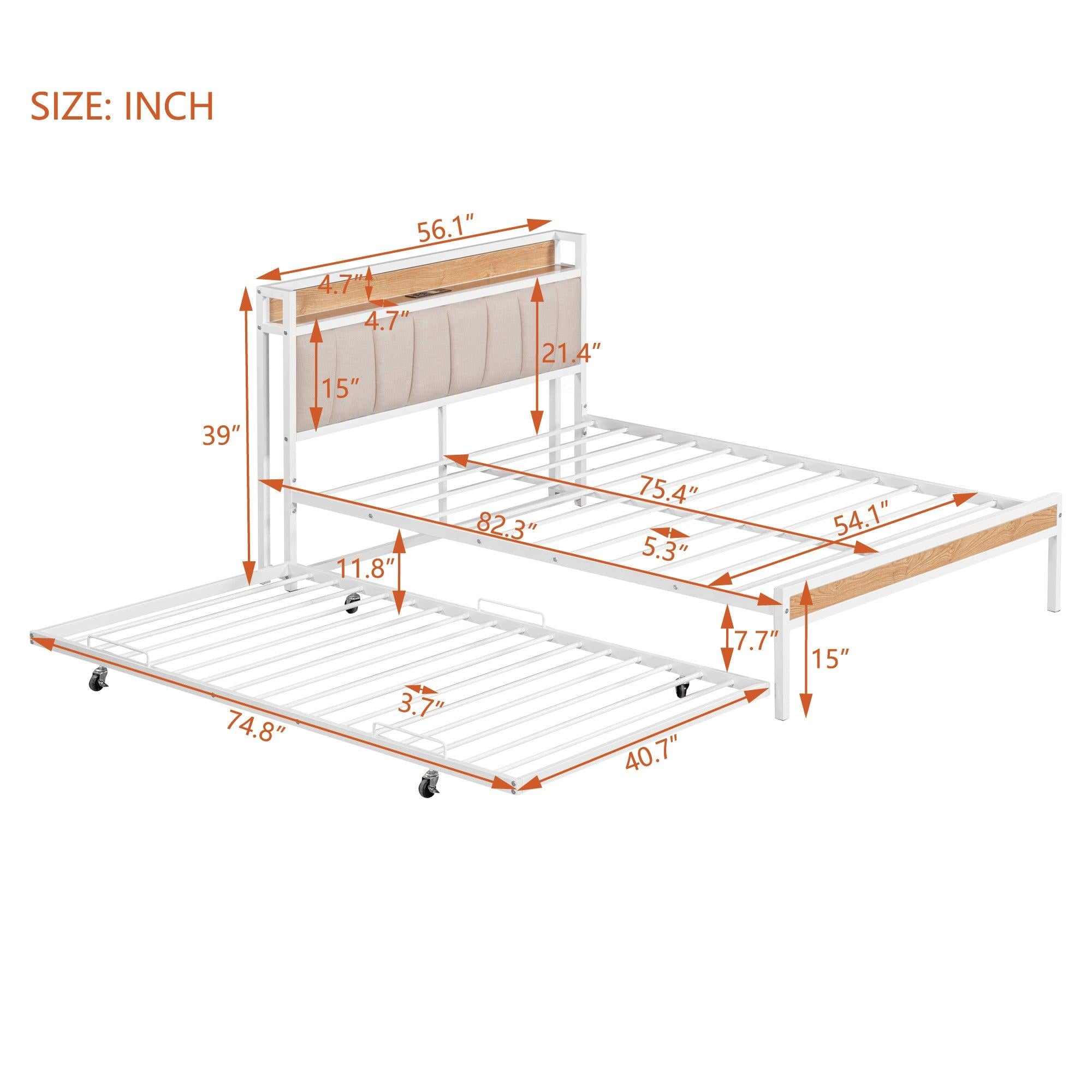 Full Size Metal Platform Bed Frame with Twin size trundle, Upholstered headboard ，Sockets, USB Ports and Slat Support ,No Box Spring Needed，White