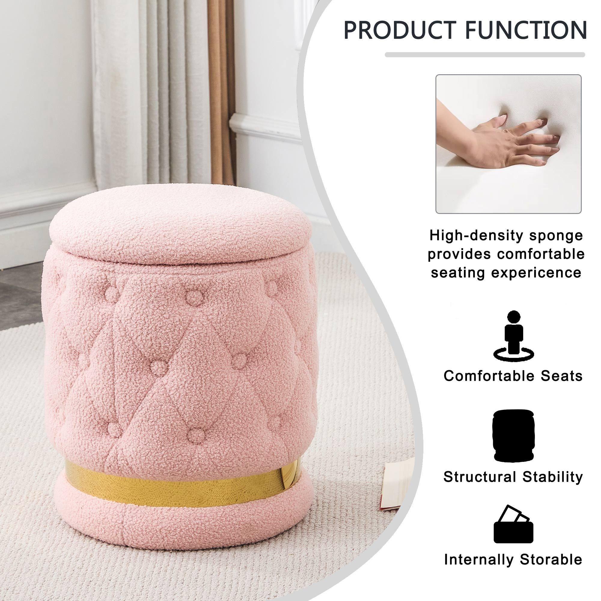 Chair Pink Round-shape Teddy velvet Makeup Stool Footstool, chair withStorage space .Applicable to living room dresser kitchen bedroom dining room