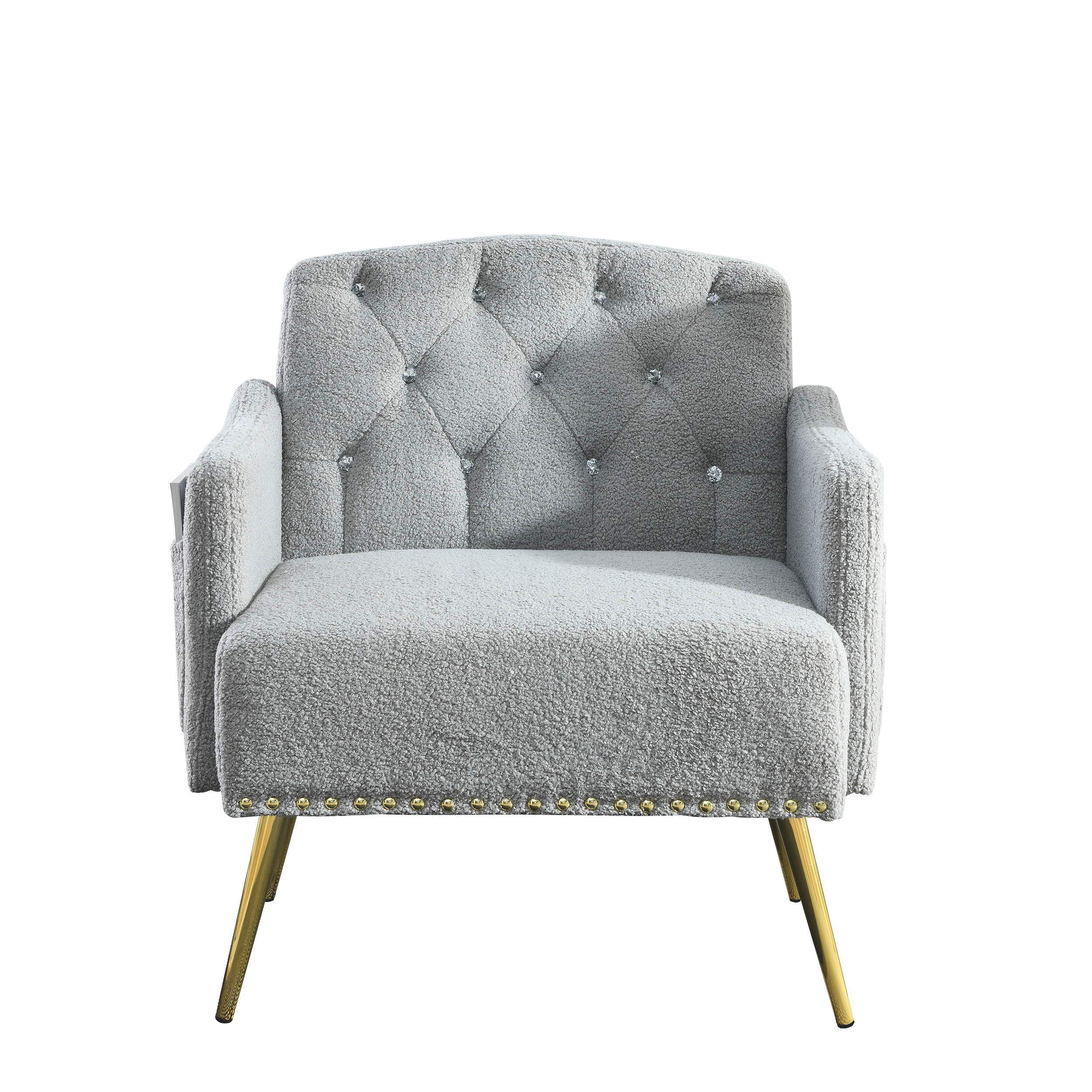 30 "WModern Chesterfield Tufted Upholstered Chair with Deep Buttons, Living Room Chair, Comfortable Armchair, Gold Hardware Legs, Tufted Chair for Reading or Relaxing, GREY TEDDY