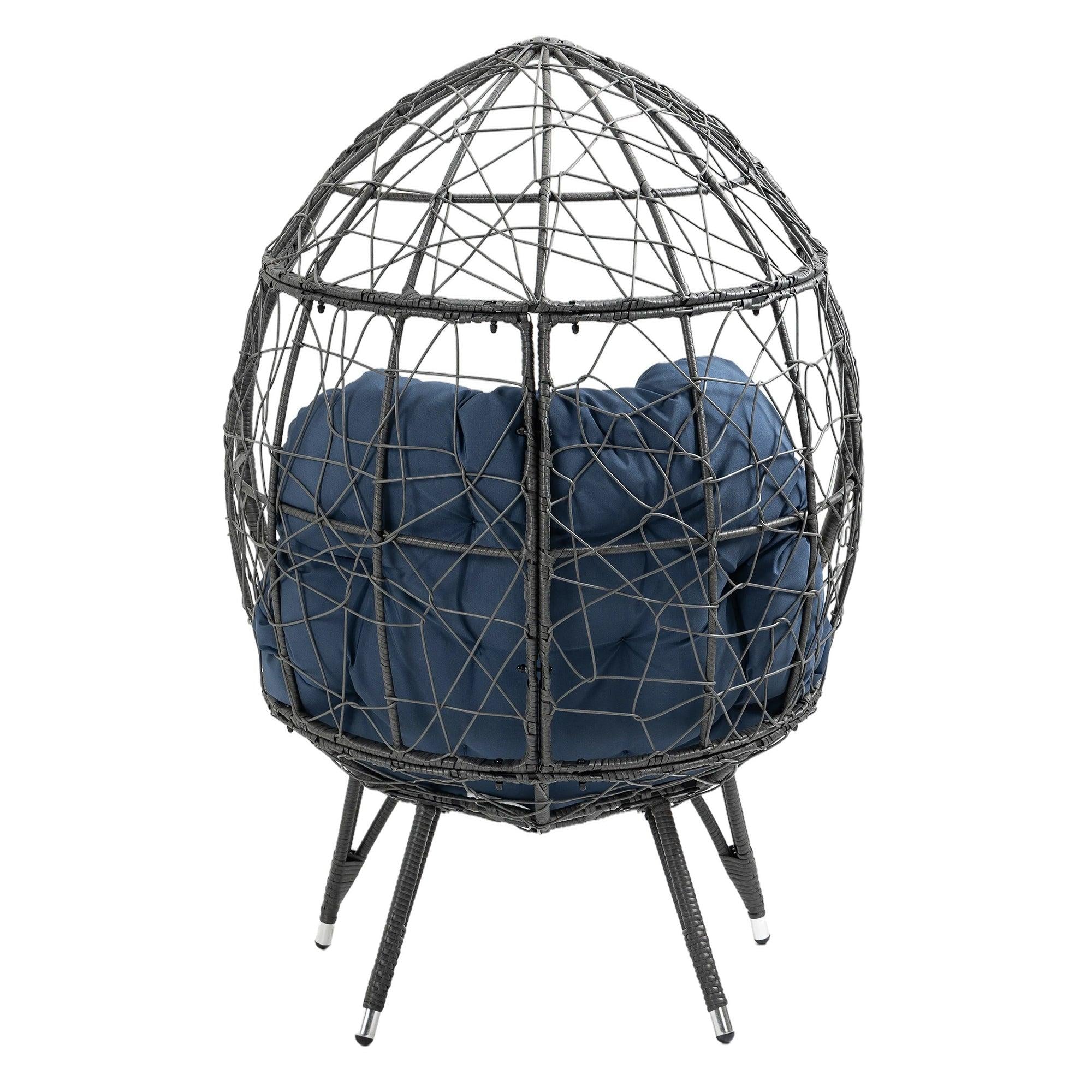 Outdoor Patio Wicker Egg Chair Indoor Basket Wicker Chair with Navy Cusion for Backyard Poolside